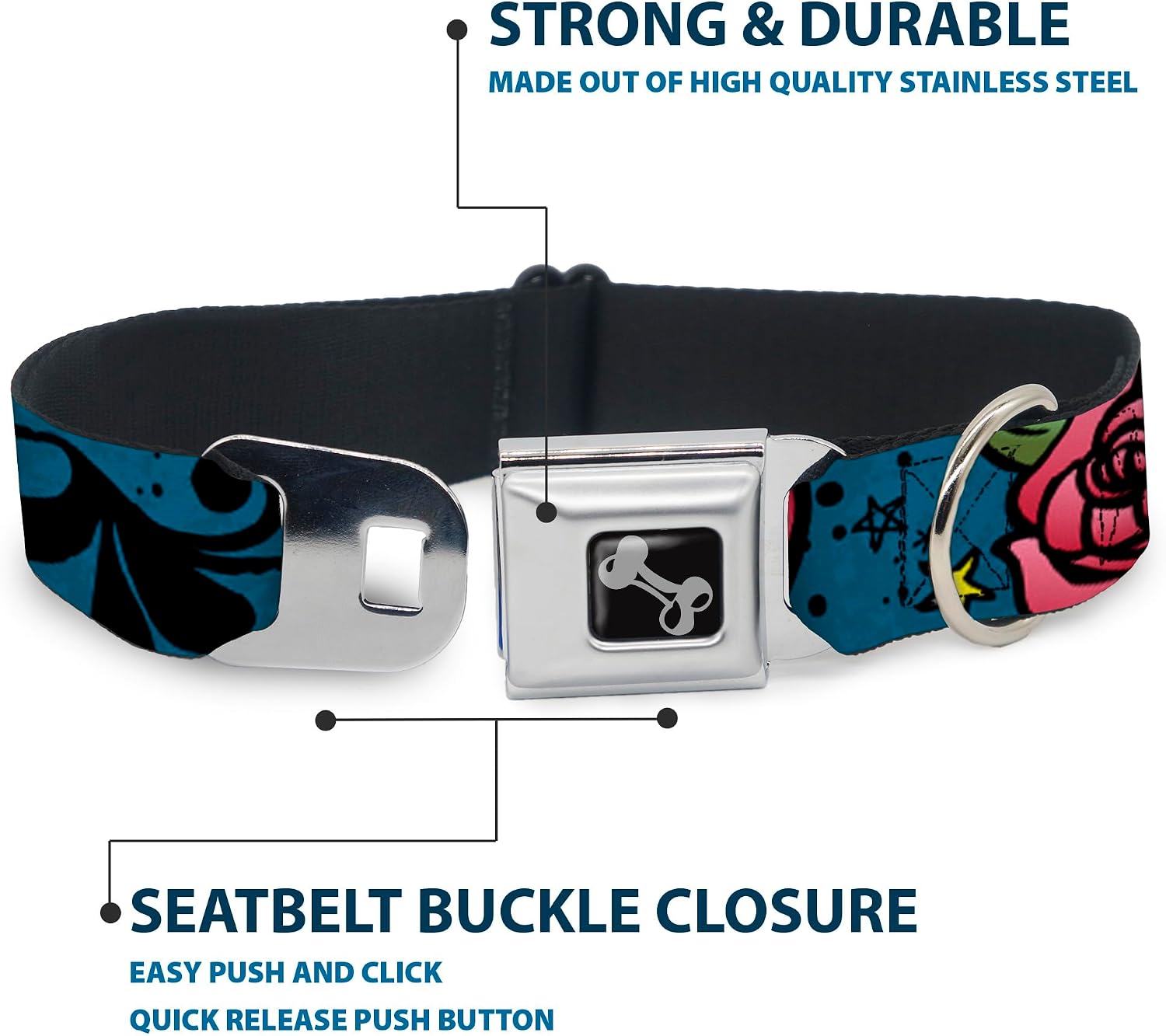 Dog Collar Seatbelt Buckle Mom Dad Close Up Blue Sparrows 11 to 17 Inches 1.0 Inch Wide