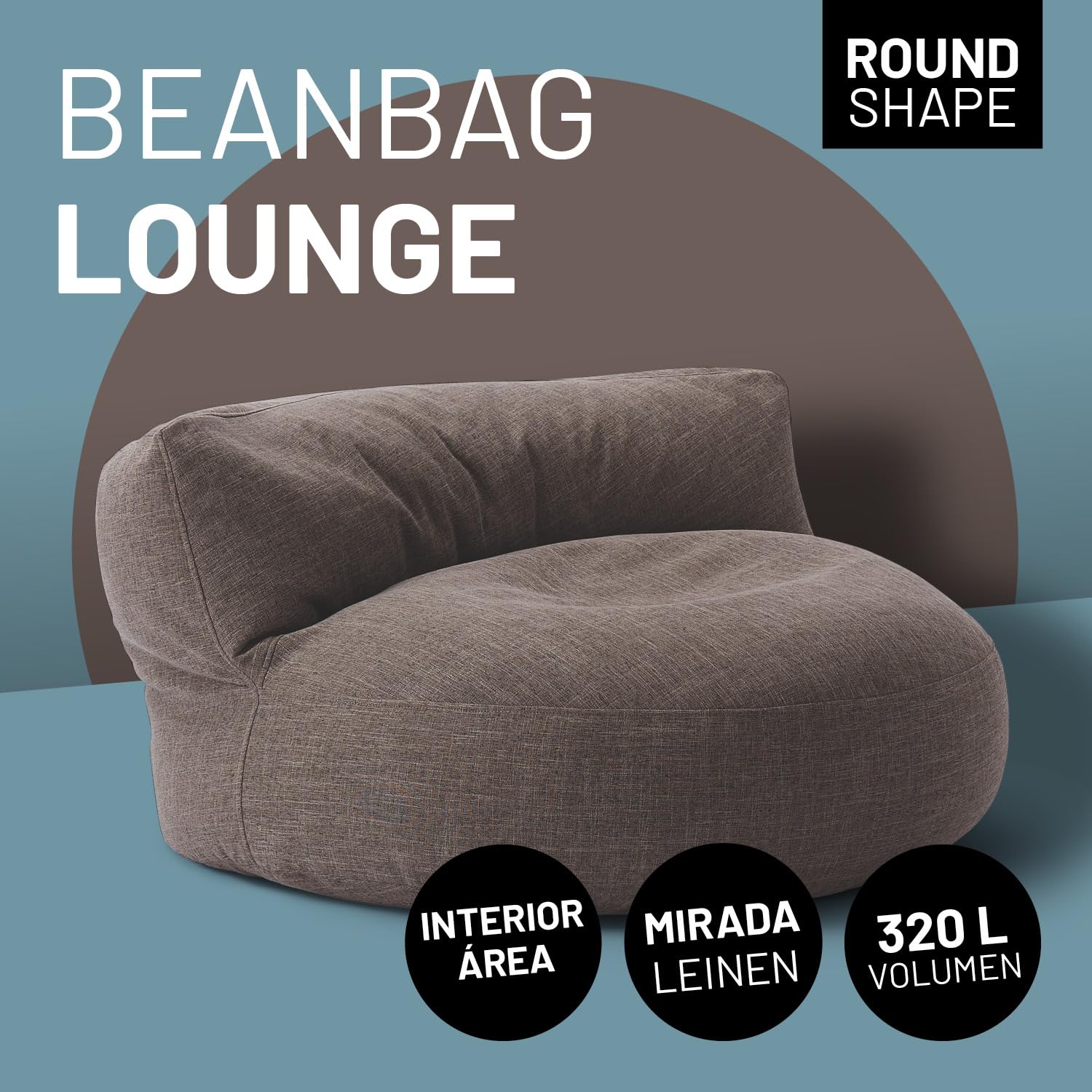 Lumaland Sofá Puff Redondo Grande 320l con Respaldo & Relleno Incluido - Sillón Relax de Lino para Interior - Mueble Ideal para Salón y Habitación - 90 x 50 cm/Marrón