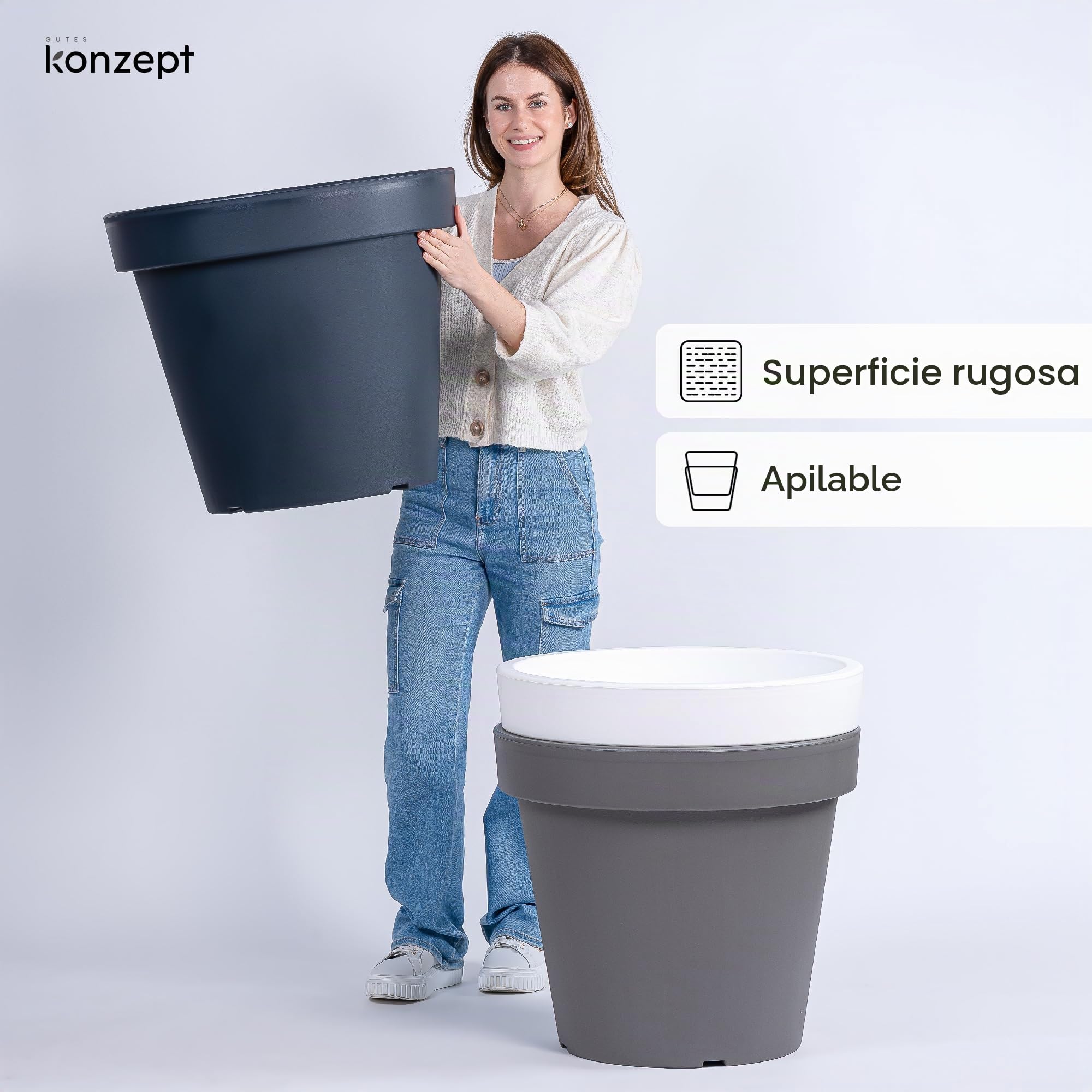 KONZEPT Macetero de 58 cm de diámetro, altura de 52 cm – Macetero grande exterior 87 L en forma cónica, macetero exterior robusto y estable de plástico, resistente a los rayos UV y a las heladas, para
