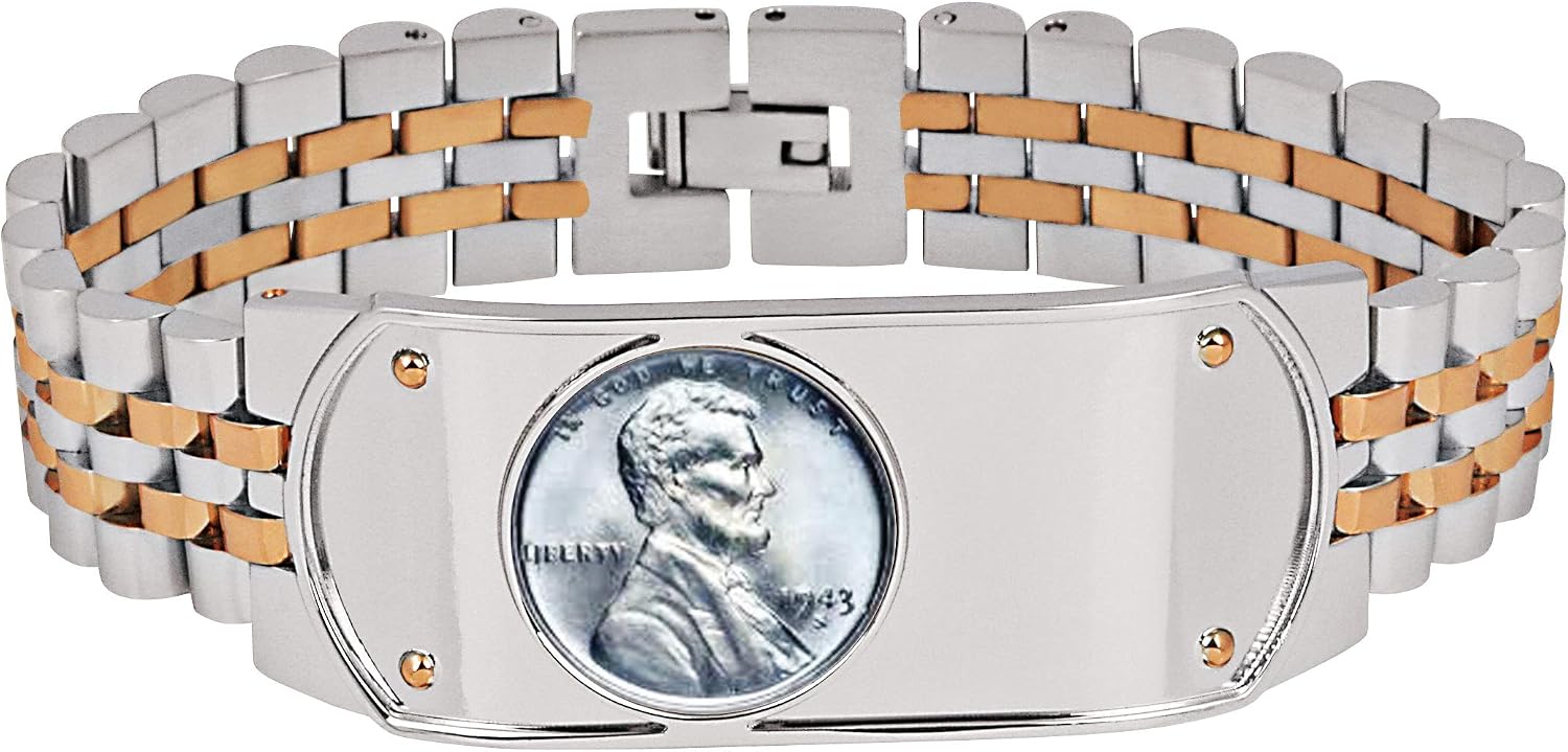 Men's Link Bracelet Two-Tone Stainless Steel Bracelet with Lincoln Steel Penny Coin