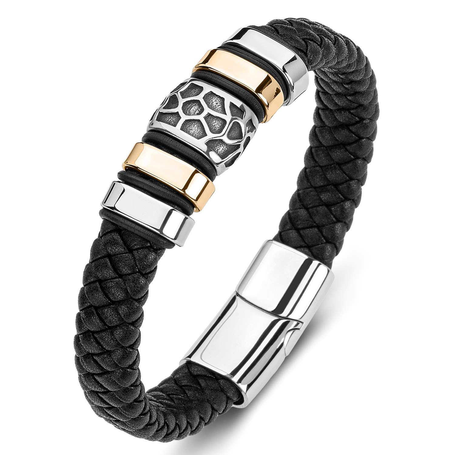 AIZU Braided Leather Wrap Bracelet - Black Brown Genuine Woven Leather Bracelet with Stainless Steel Magnetic Clasp for Men's Wristband Cuff - Mens Cross Christian Bracelet Leather
