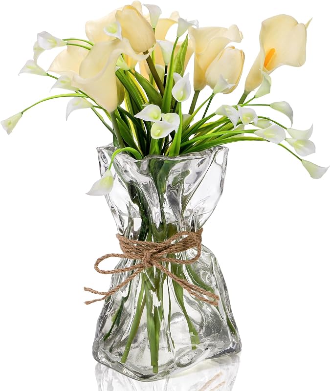 Glass Vase, 8.7 Inch Tall Irregular Flower Vase with Hemp Rope | Clear Art Decorative Vases for Table Centerpiece, Modern Bouquet Vases for Home Office Wedding Housewarming Gift