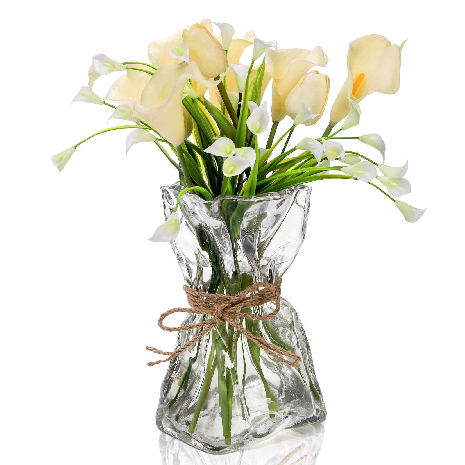 Covzoe Vaso in vetro, alto 21 cm, forma irregolare, vaso trasparente per centrotavola con corda di canapa, vaso decorativo per matrimoni, soggiorno, tavolo da pranzo, ufficio