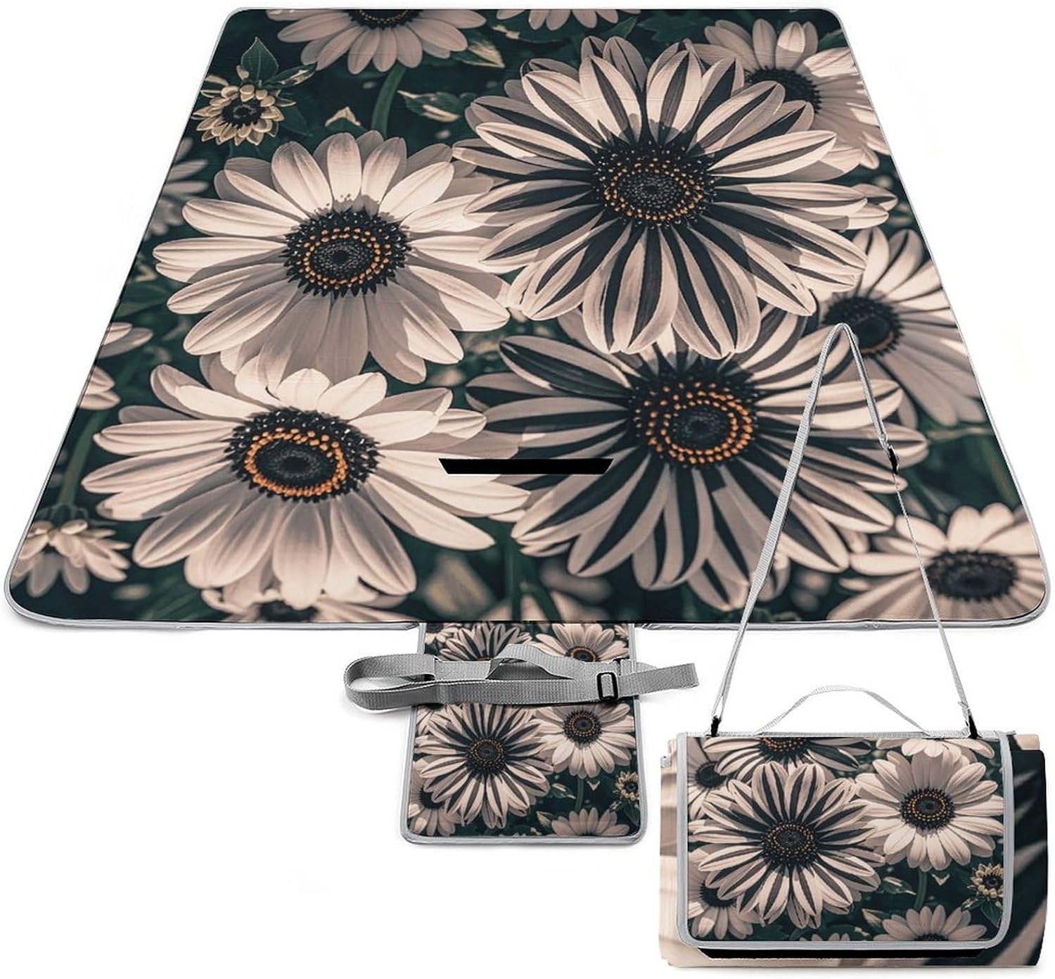 Outdoor Picnic Blanket Extra Large Beach Blanket Waterproof Picnic Mat Black and White Striped Flowers Camping Blanket Portable with Carry Strap Park Blanket for Grass Camping Park
