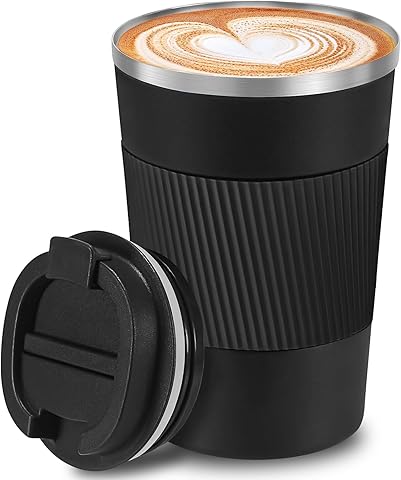 Taza Termica de Café - Reutilizable y a Prueba de Derrames, Taza Térmica de Acero Inoxidable, Ideal para Casa y Oficina (Negro,13oz)