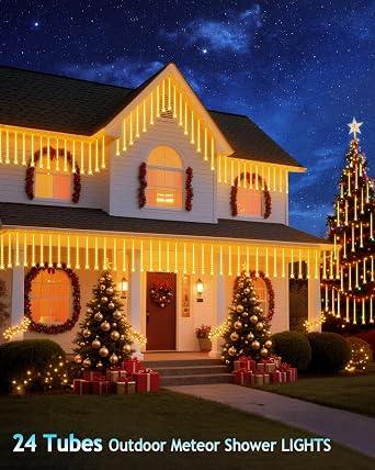 PEMOTech Christmas Lights Outdoor, [Timing Function] 24tubes 30cm 576 Led Meteor Shower Lights, Waterproof Christmas Decorations Icicle Light for ChristmasTrees Halloween Party, Ul Plug,Warm White