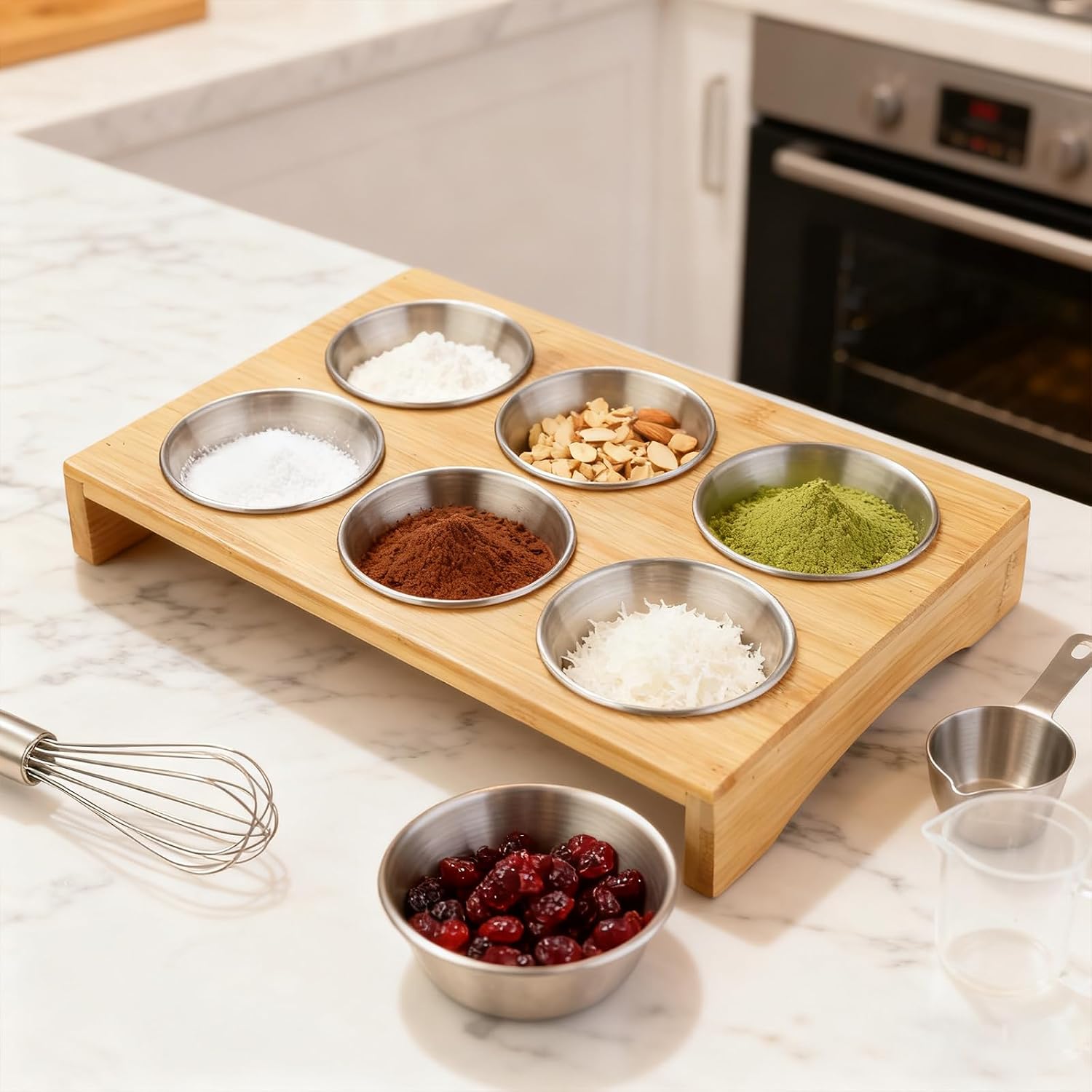 Stainless Steels Sauce Dish 3.2-inch Chip and Dip Serving Set with Bamboo Wooden Tray, Candy Dish, Soy Sauce Dish, Salsa Bowls, Dip Tray for Condiments (RXZERC6)