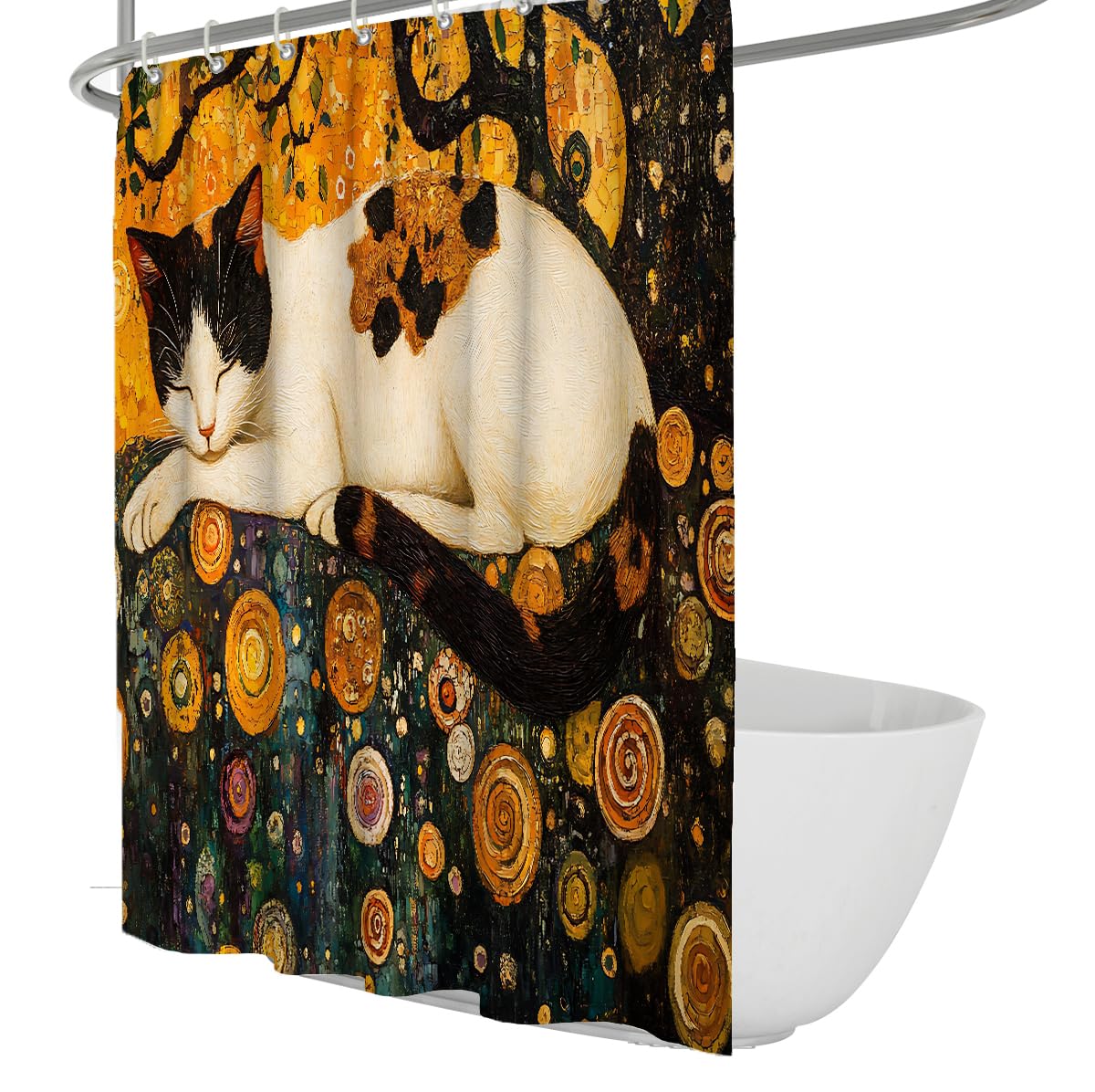 OLLIAR Home Boho Cat Shower Curtain Vintage Abstract Circles Painting Bathroom Curtain Waterproof Washable Fabric Shower Curtains for Bathroom Decor 220x200cm