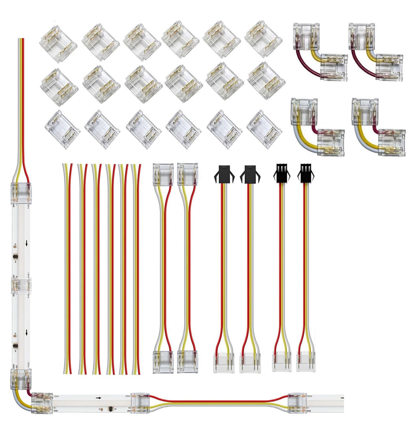 ENQIMAOYI 12mm 3Pin Connector kit for RGB Smart IC COB Light,Gapless Connector,Wire to Strip,L-Shaped,Dual-End with Wire,Strip to JST Connector for DIY Smart IC COB LED Strip Light (3pin-12mm kit -2)