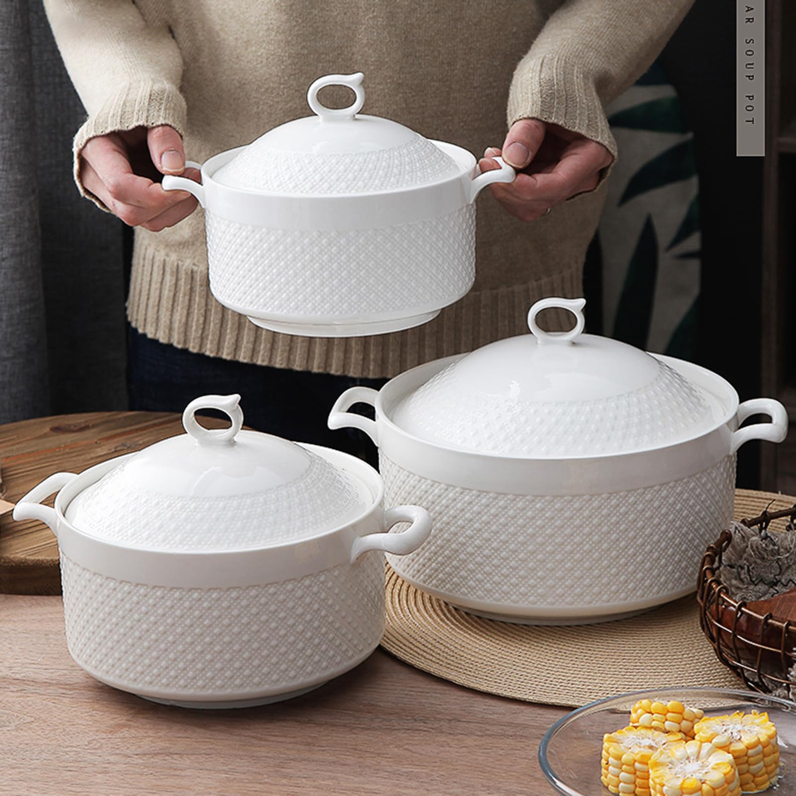 Ceramiczny garnek do gotowania, duży garnek do zupy z pokrywką, porcelanowa miska z uchwytem i chochlą do serwowania