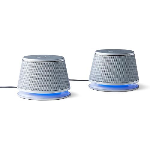 Amazon Basics Stereo 2.0 Computer Speakers with LED Lights for PC, Laptop or Desktop, Volume Control, 3.5mm Aux Input, USB-Powered, Silver, 1 Pair