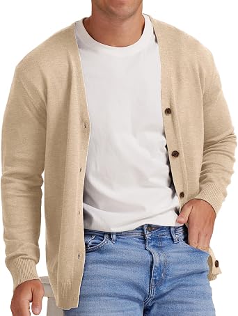 NITAGUT Mens Vintage Striped Long Sleeve Cardigan Sweater with Button V Neck Knitted Sweaters
