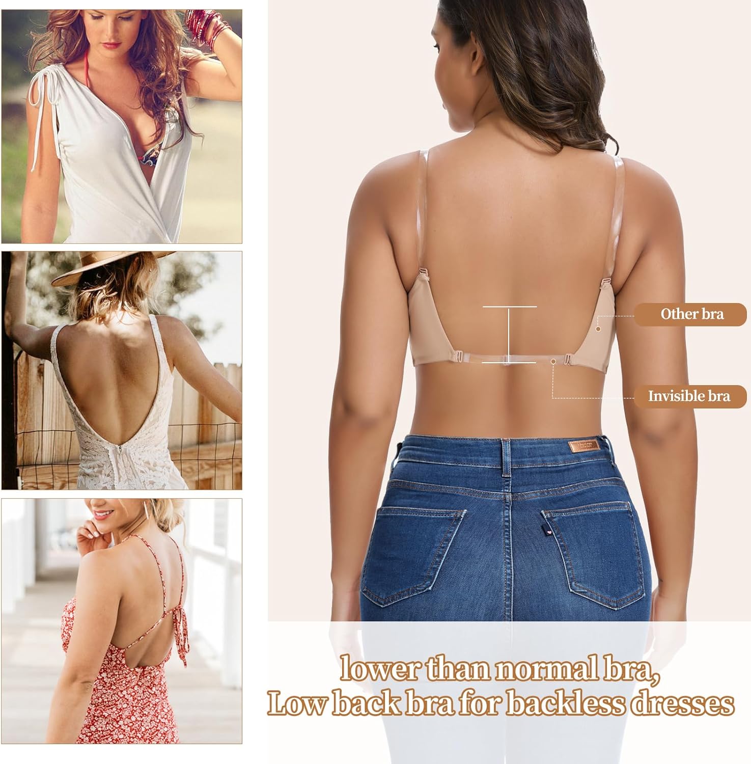 JOYSHAPER Low Cut Bras for Women Deep Plunge Cleavage Backless Bra Underwire Convertible Push up Halter Bra with Clear Straps - Image 5