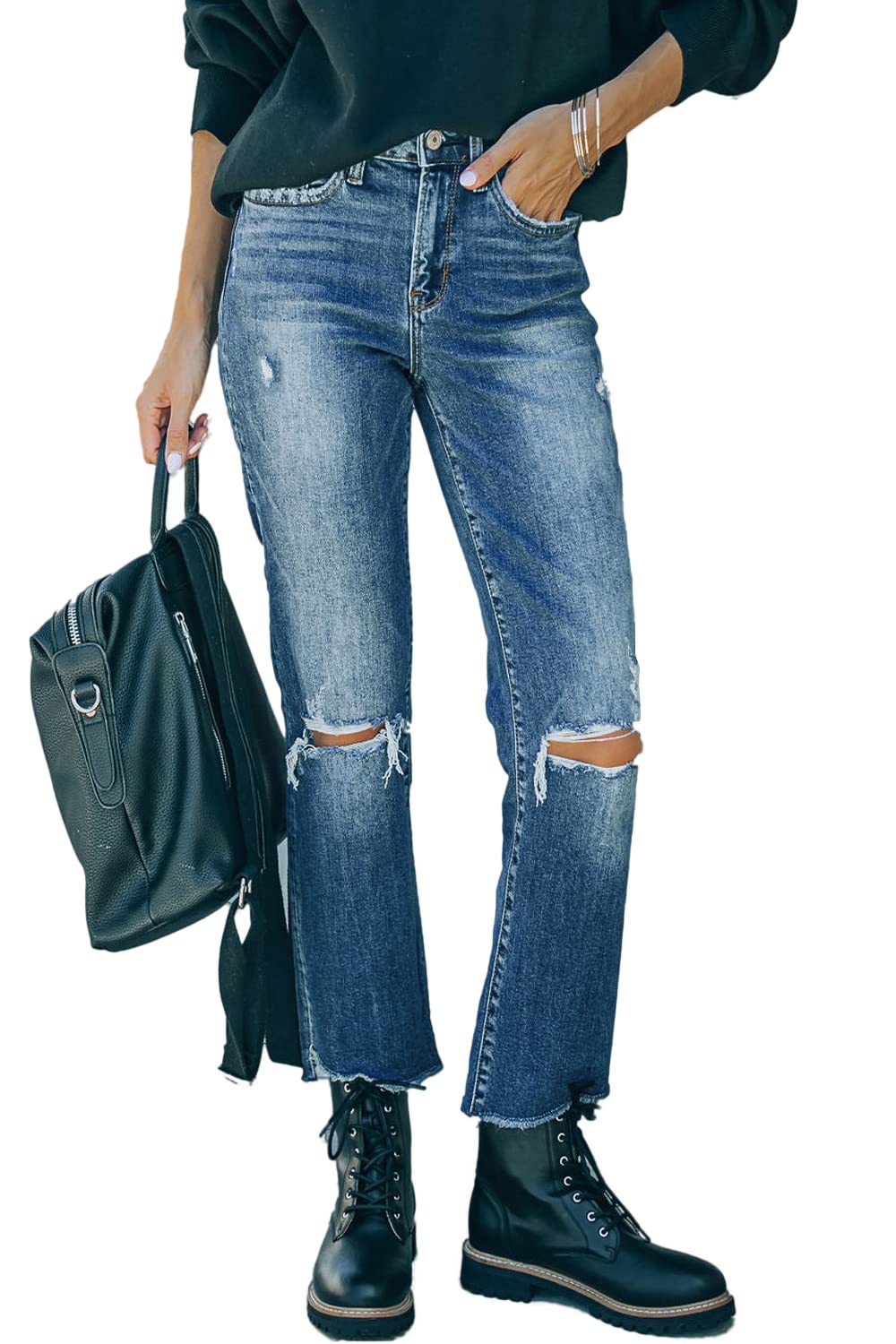 LesoreWomens High Waist Stretch Distressed Jeans Destroyed Denim Pants