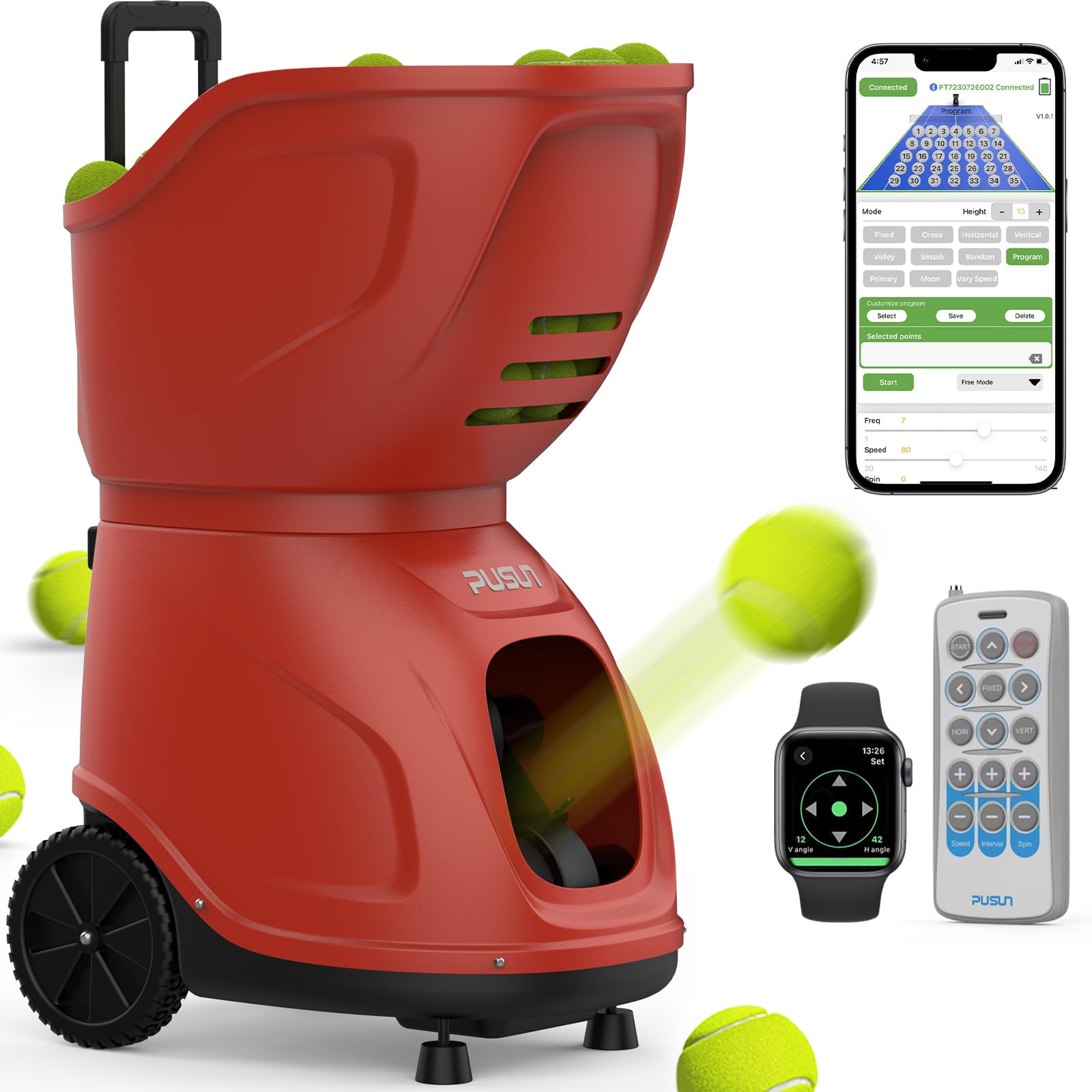 PUSUN PT-9001 PRO Máquina de pelotas de tenis inteligente insignia 150 pelotas 20-140 km/h 35 puntos 12 modos