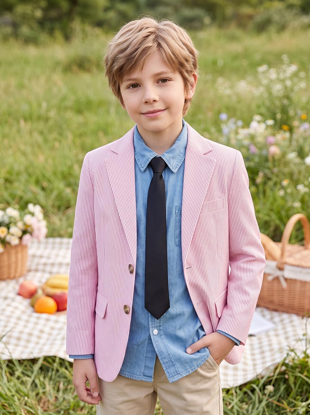 Linen Blazers for Boys Suits Jackets Slim Fit Kids Striped Sports Coats for Boys Lightweight Blazer Casual Pink Size 5