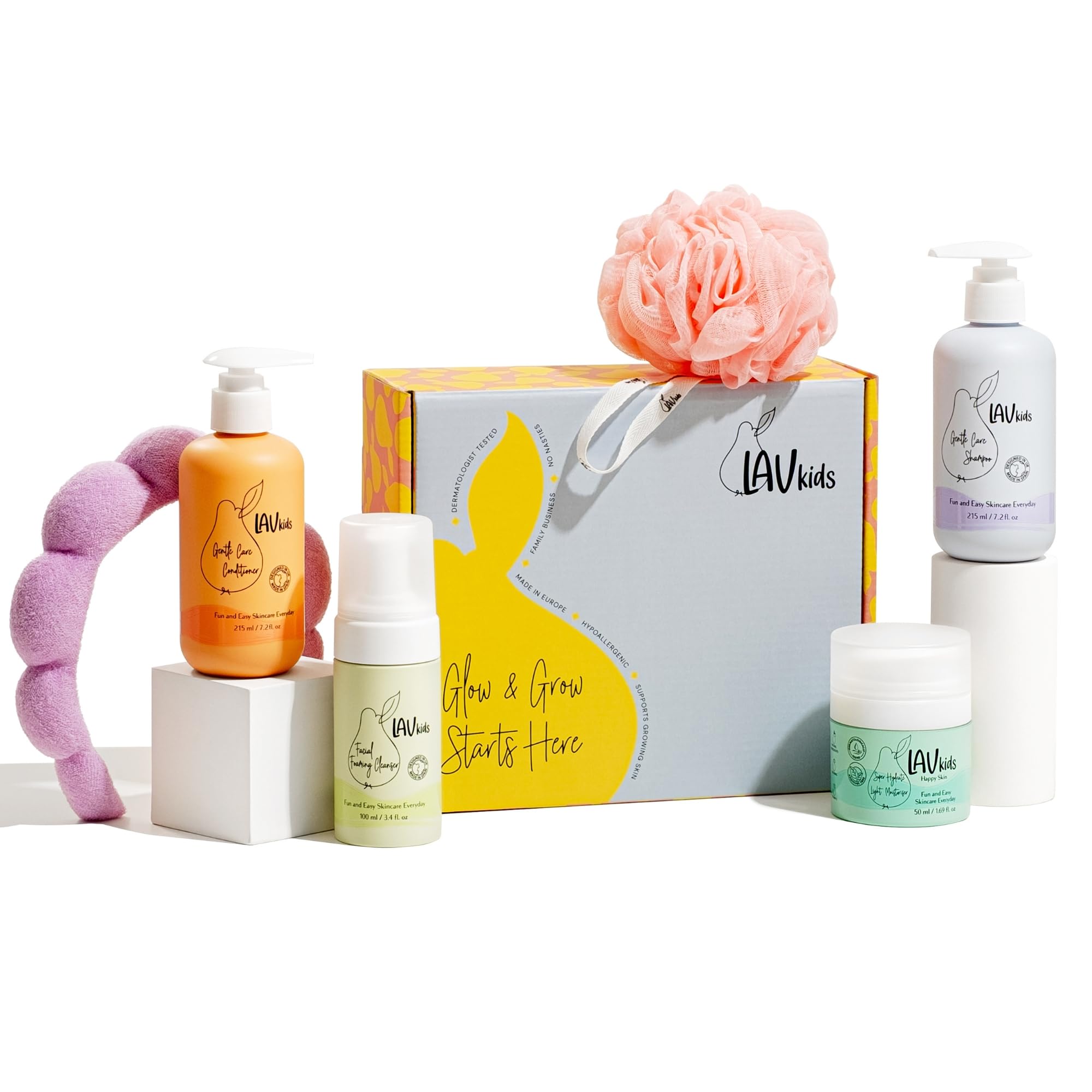 LAV KIDS Complete Skin & Hair Care Set, Shampoo, Conditioner, Face Wash, Face Cream with mesh bag and hair band (Blue)