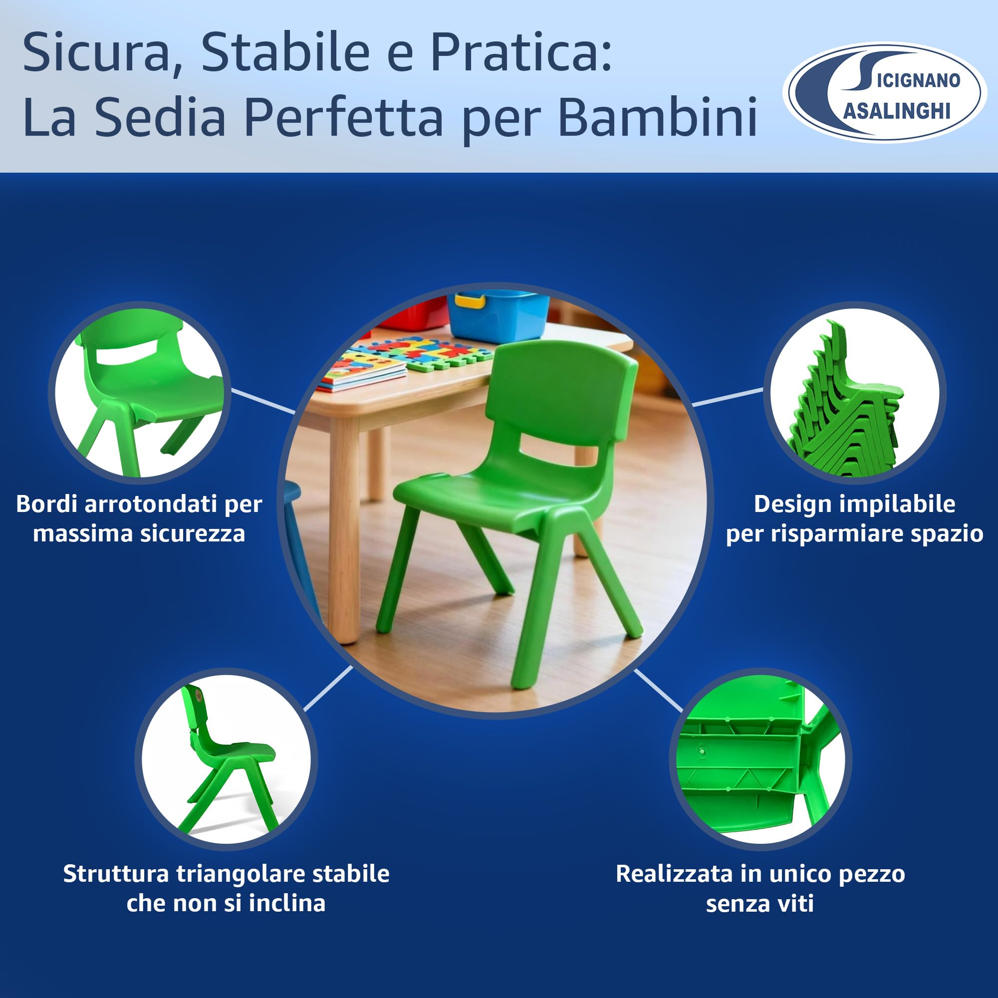 Sicignano Set 3 Pezzi Sedia per Bambini in Plastica Azzurro Impilabile 34x32x48h cm Portata 60 kg Impermeabile