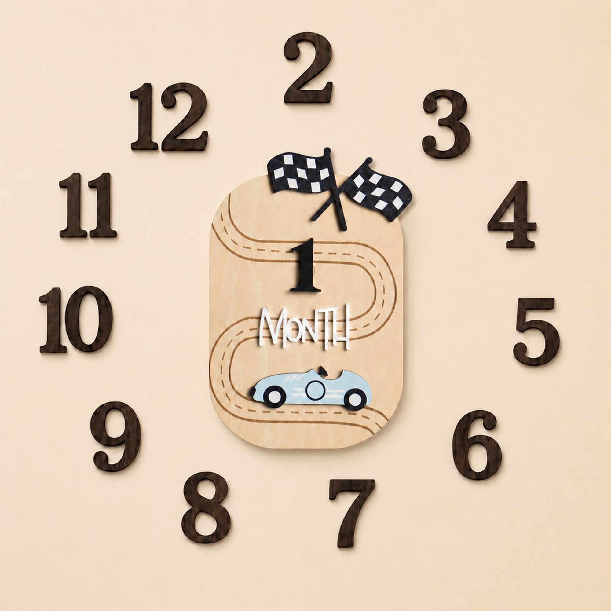 Babymoon Wooden Baby Monthly Milestone Cards Sign Set for Baby Photoshoot Props| 1-12 Months Interchangeable Numbers Prop Board with Glue Dots Product Photoshoot| Baby Boys & Girl’s Gift – Car Race-image-33