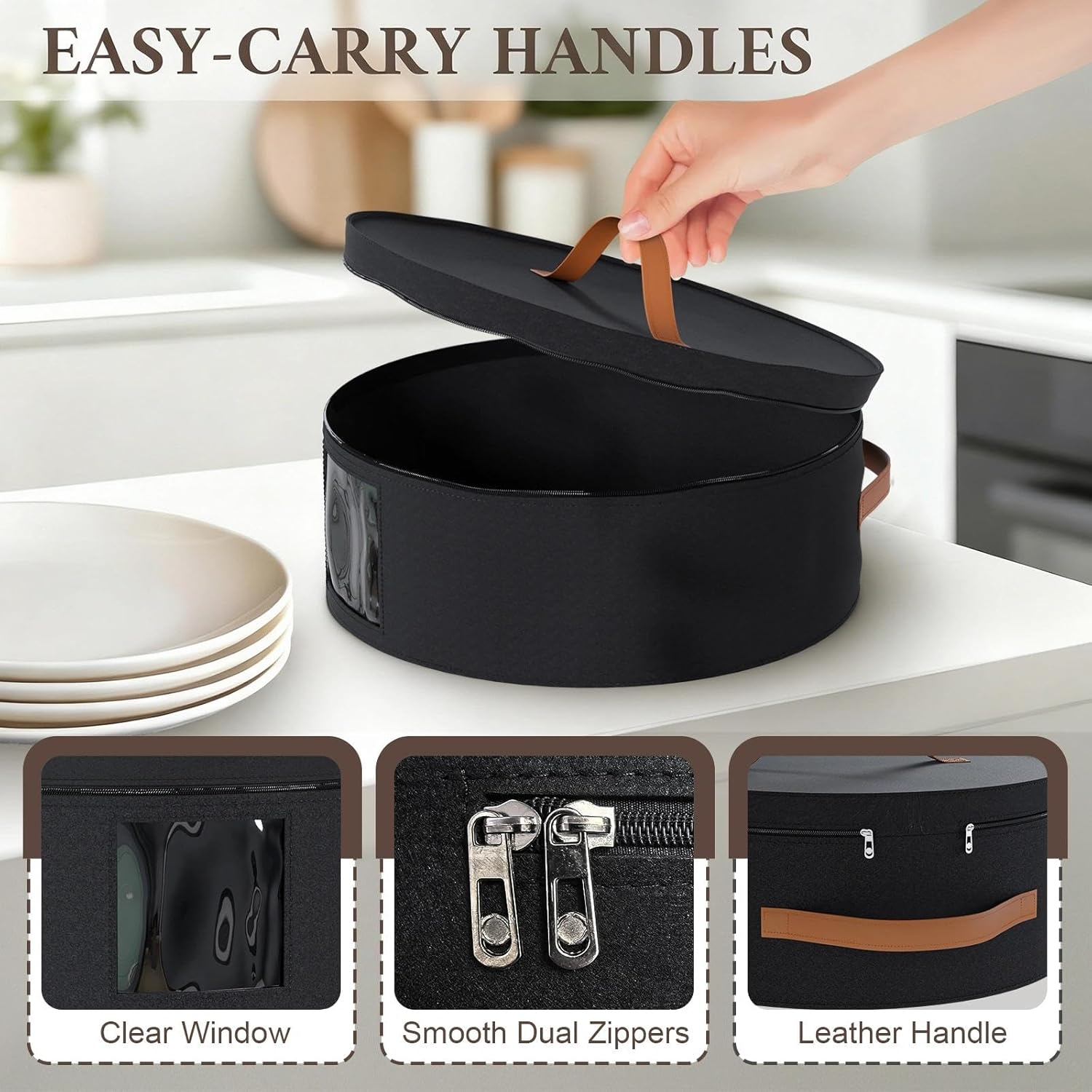 MAONAME Black China Storage Containers, 2 Pack Hard Shell Dinnerware Storage with 24 Felt Dividers for Charger Plates, Great for Platters and Serving Dishes, 14.5" W x 7" H