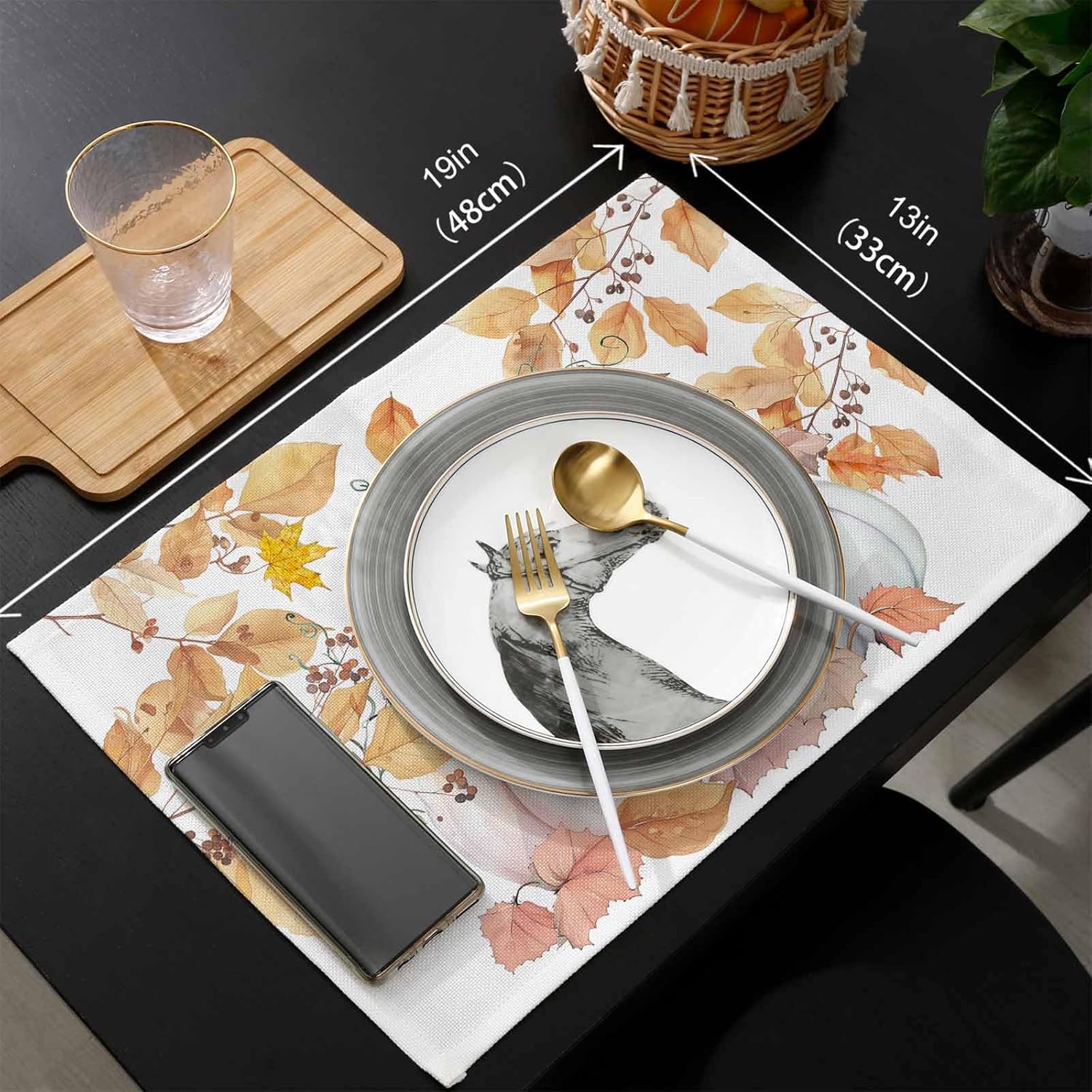 Fall Placemats Set of 6, Sturdiness Non-Slip Harvest Pumpkins Kitchen Place Mats, Washable Place Mat - Easy to Clean Autumn Maple Leaves Thanksgiving Table Mats for Dining Room/Party Decor 13x19 in