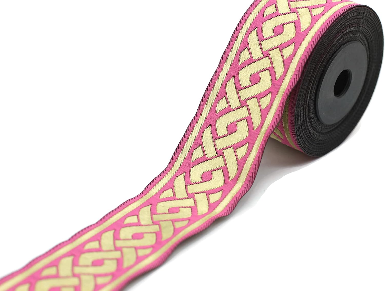 11 Yards Spool 1.37" Pink & Gold Celtic Knot Jacquard Ribbon Sewing Trim Upholstery Fabric Costume Embellishment Woven Trimming 35069