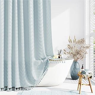 Dynamene Boho Farmhouse Shower Curtain, Fog Blue Fabric Tufted Chevron Striped Textured Tassel Shower Curtains for Bathroom, Shabby Chic Waterproof Cloth Shower Curtain Set with Hooks, 72x72 - Buy now