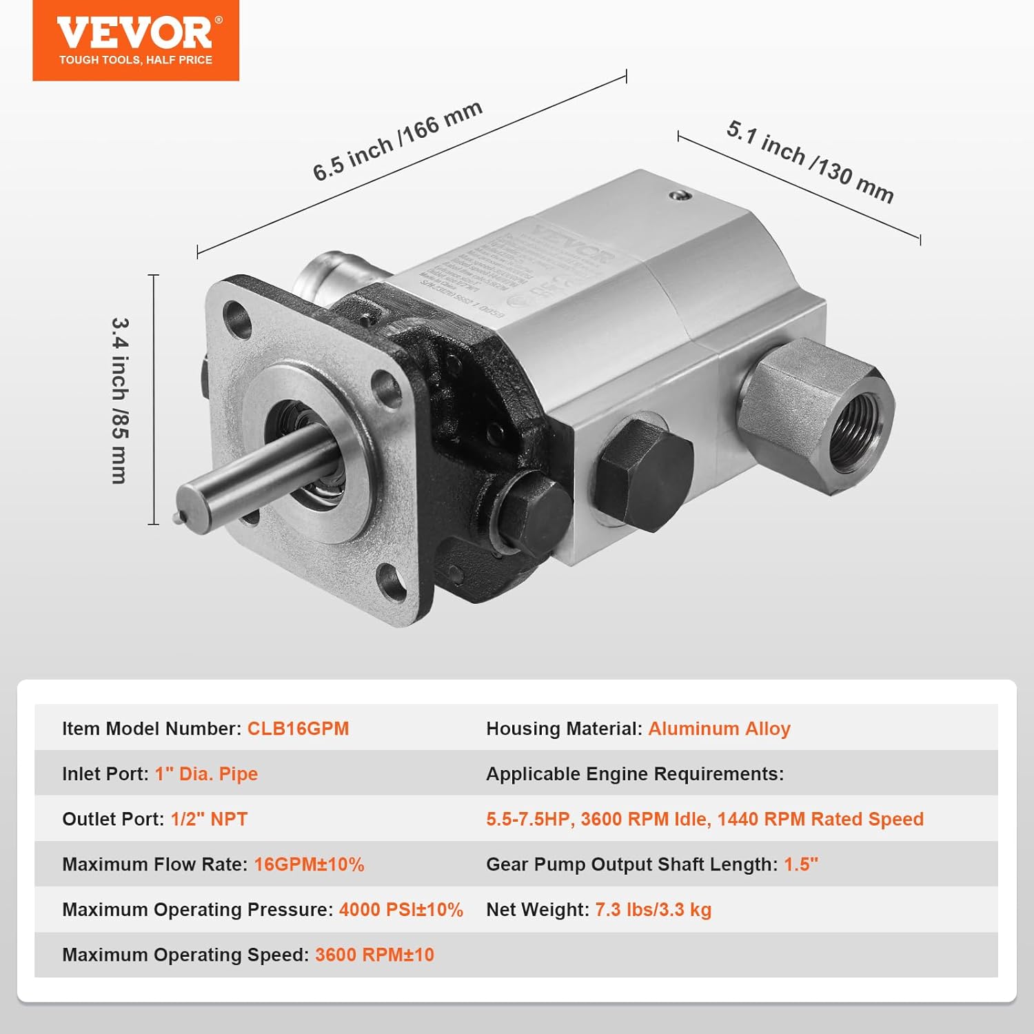 VEVOR Hydraulic Wood Log Splitter Pump, 16GPM, 2 Stage 4000PSI, 1'' Inlet 1/2'' NPT Outlet 3600 RPM Aluminum Hydraulic Gear Pump, for Small Engine Mounting Log Splitters Snowplow