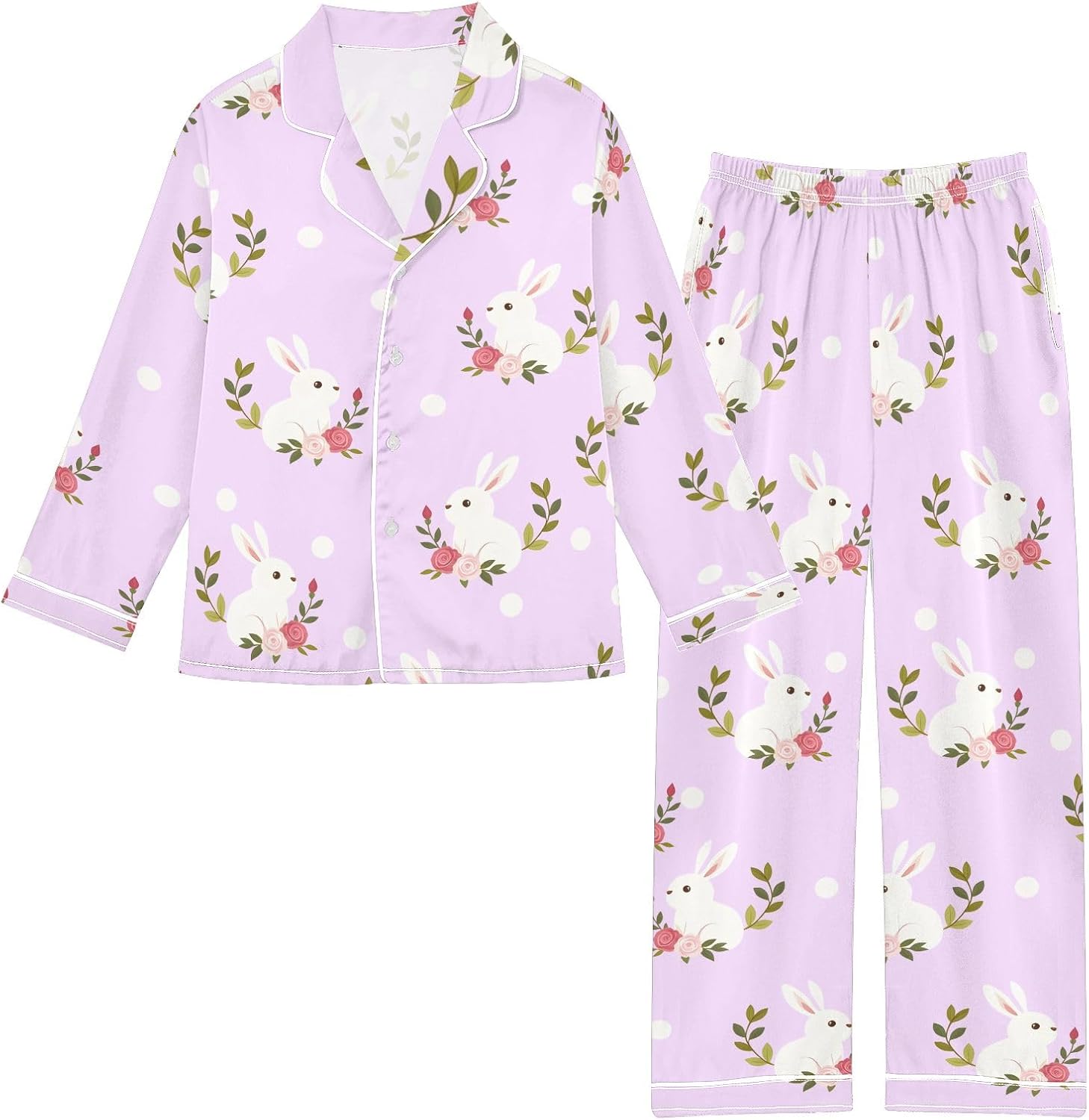 Kids Casual Satin Wear Set Rabbit Flower Dots Pattern Unisex Relaxed Fit Clothing