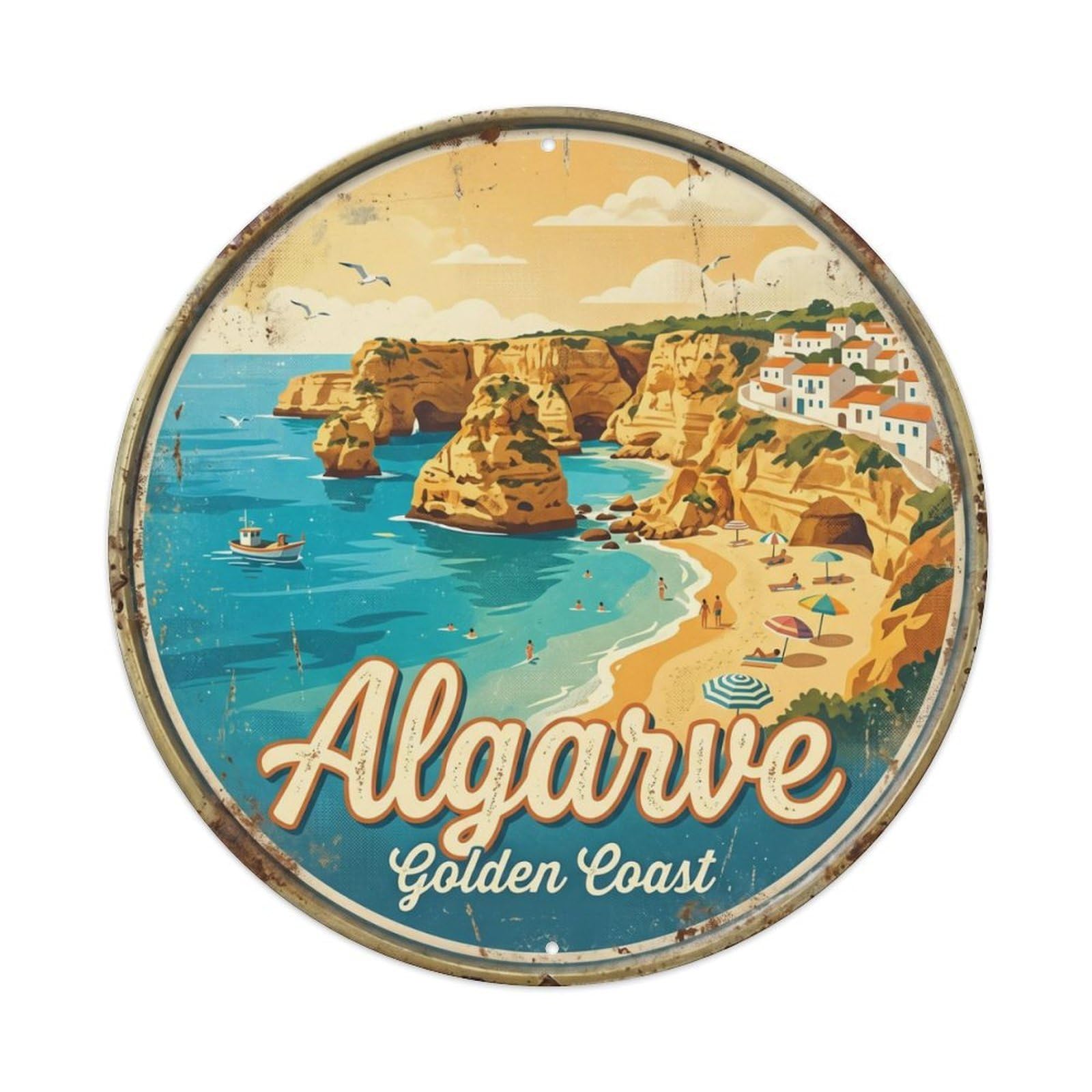 Vintage Travel Algarve Portugal Coast Metal Tin Sign Plaque Wall Decor for Cafe, Club, Garden Round Metal Poster 8x8Inch