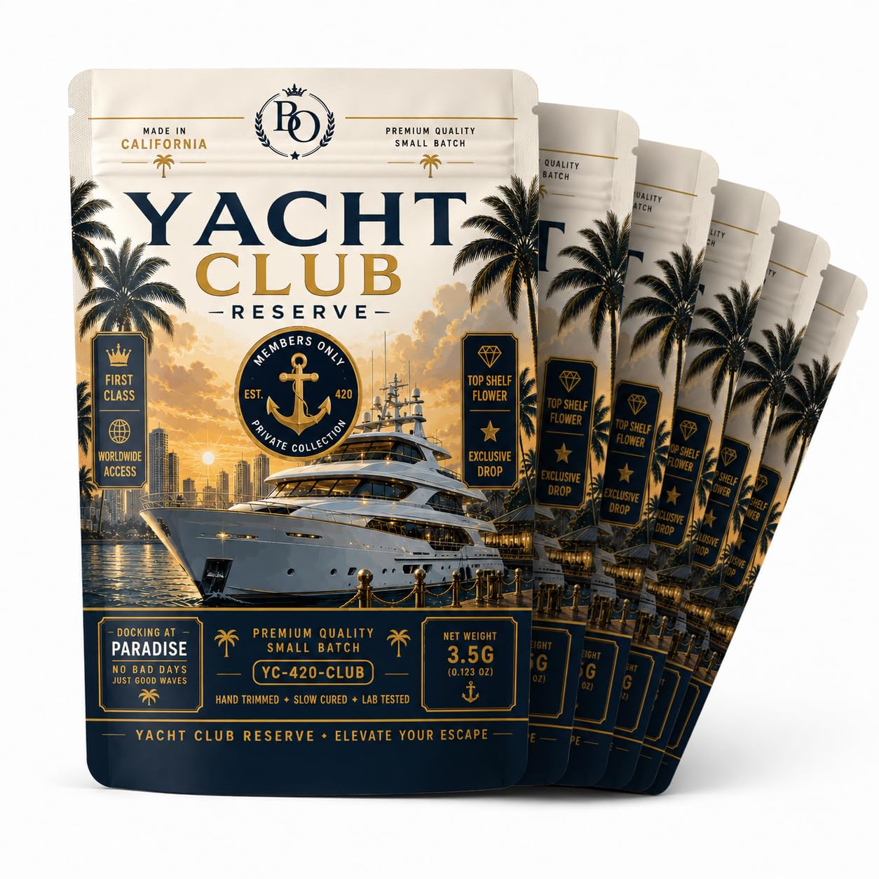 Yacht Club -100 Pack Mylar Bags, Resealable Smell Proof Cookies Mylar Bag, 3.5 Cali Pack Bags, Aluminium Foil, Candy, Cookie Bags, Storage Ziplock Sandwich Bags (9.8cm x 13cm, Yacht Club Design)