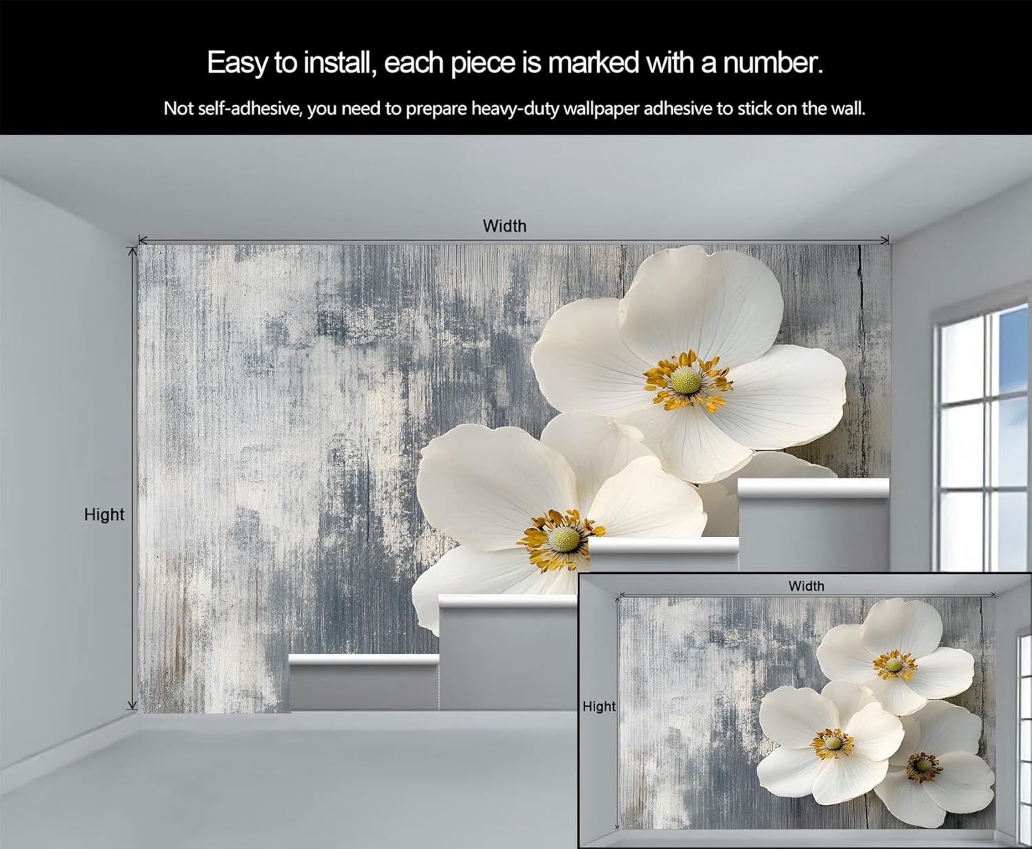 White Flower Mural, Wood Grain Wallpaper - Gray and White Home Decor, Simple Flower Wall Mural, Natural and Fresh Wall Murals for Living Room Bedroom Ceiling (Non-self-Adhesive)
