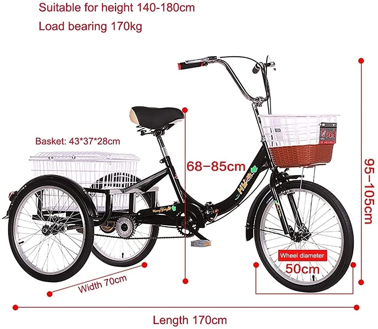 PAGOIAAR Adult Cargo Tricycles Beach Cruiser Bikes Shopping 3 Wheel Bicycle 20inch Adult Foldable Tricycle Pedal Trike for Seniors Family Manpower Trike with Cargo Basket for Leisure Picnics Shopping