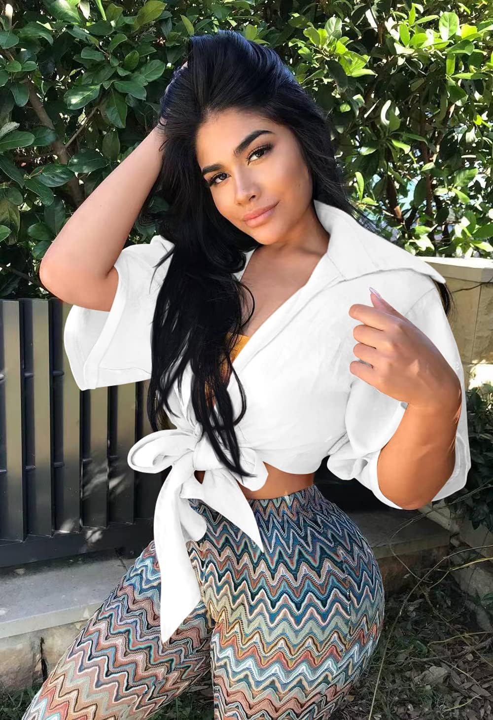 GOBLES Womens Summer Short Sleeve Shirts V Neck Tie Knot Batwing Blouses Tops - Image 8