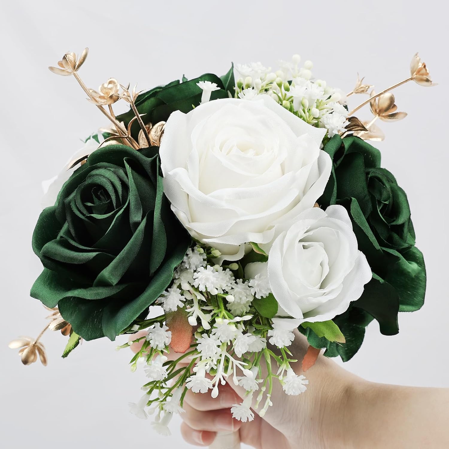 Wedding Bridesmaid Bouquets Set of 4, Artificial Silk Flowers Arrangement for Ceremony Marriage Proposal Party Anniversary Decorations - Emerald Green & Gold & White