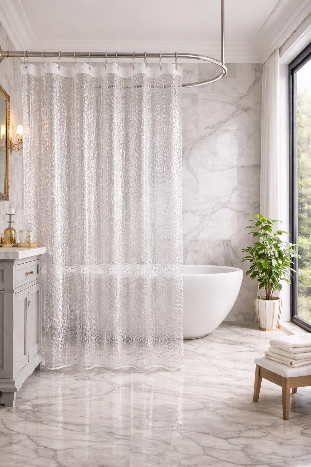 Shower Curtain 7 Feet | Waterproof PVC Bathroom Curtain with 8 Rings | Transparent Stone Print Bathtub Curtain | Extra Long Bathroom Liner, Waterproof & Easy to Clean (Transparent,Pack of 1)