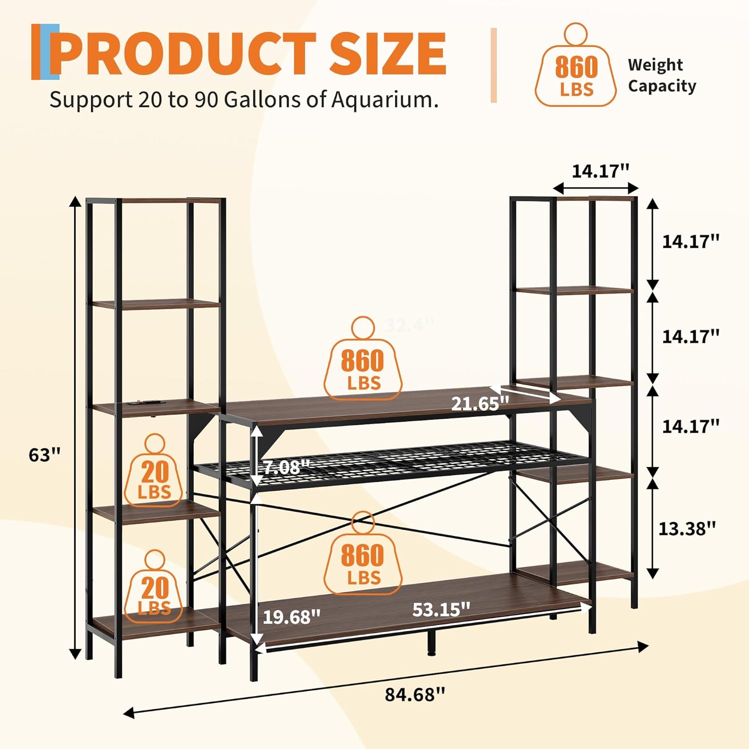 Heavy Duty 20-90 Gallon Aquarium Stand – Power Outlet & 4-Tier Storage Shelves – 12-Leg Support 860lbs Capacity, Table for Reptile & Fish Tank – Modern Living Room Furniture – Black +Brown