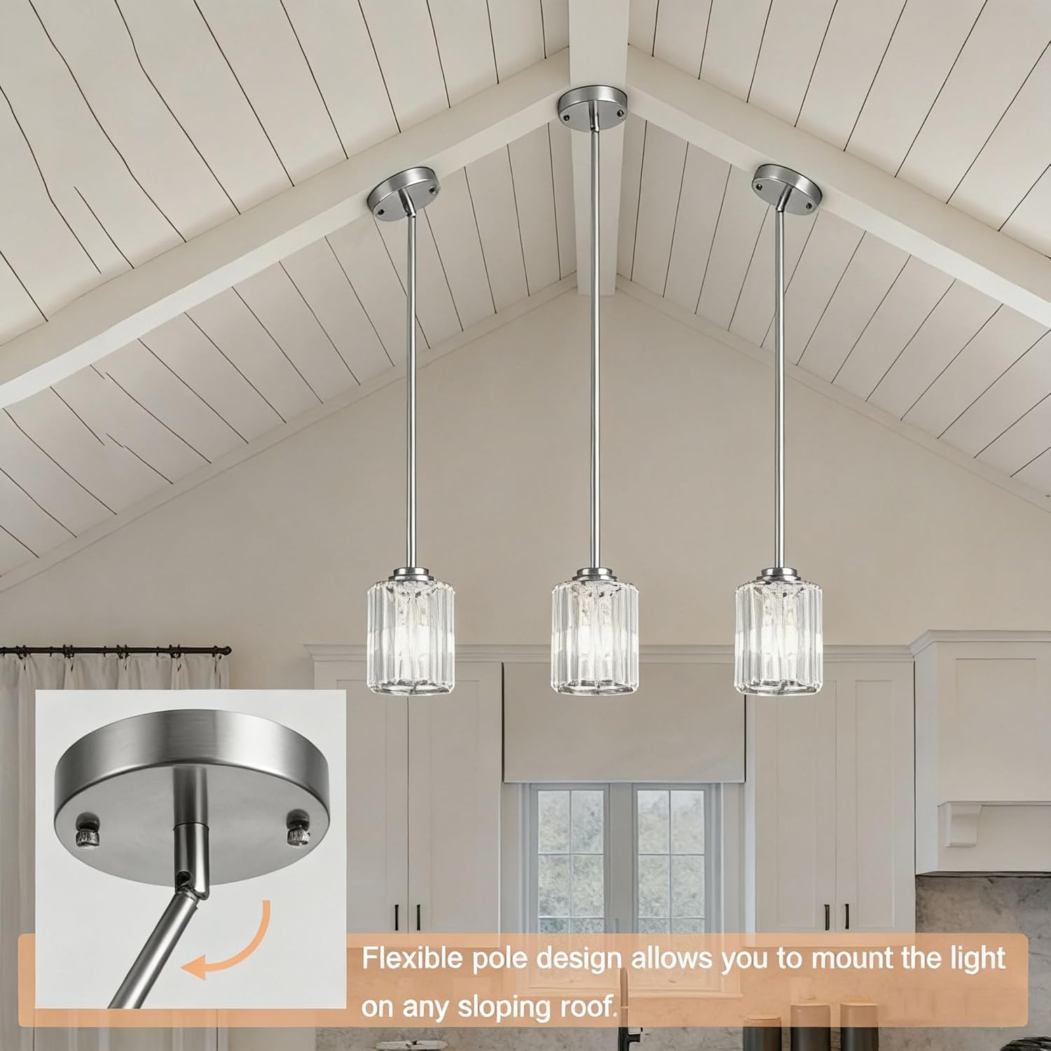 Pendant Lights Kitchen Island 3 Pack, Adjustable High Brushed Nickel Modern Crystal Mini Chandelier Ceiling Hanging Pendant Light Fixtures for Kitchen Hallway Dining Room Bedroom