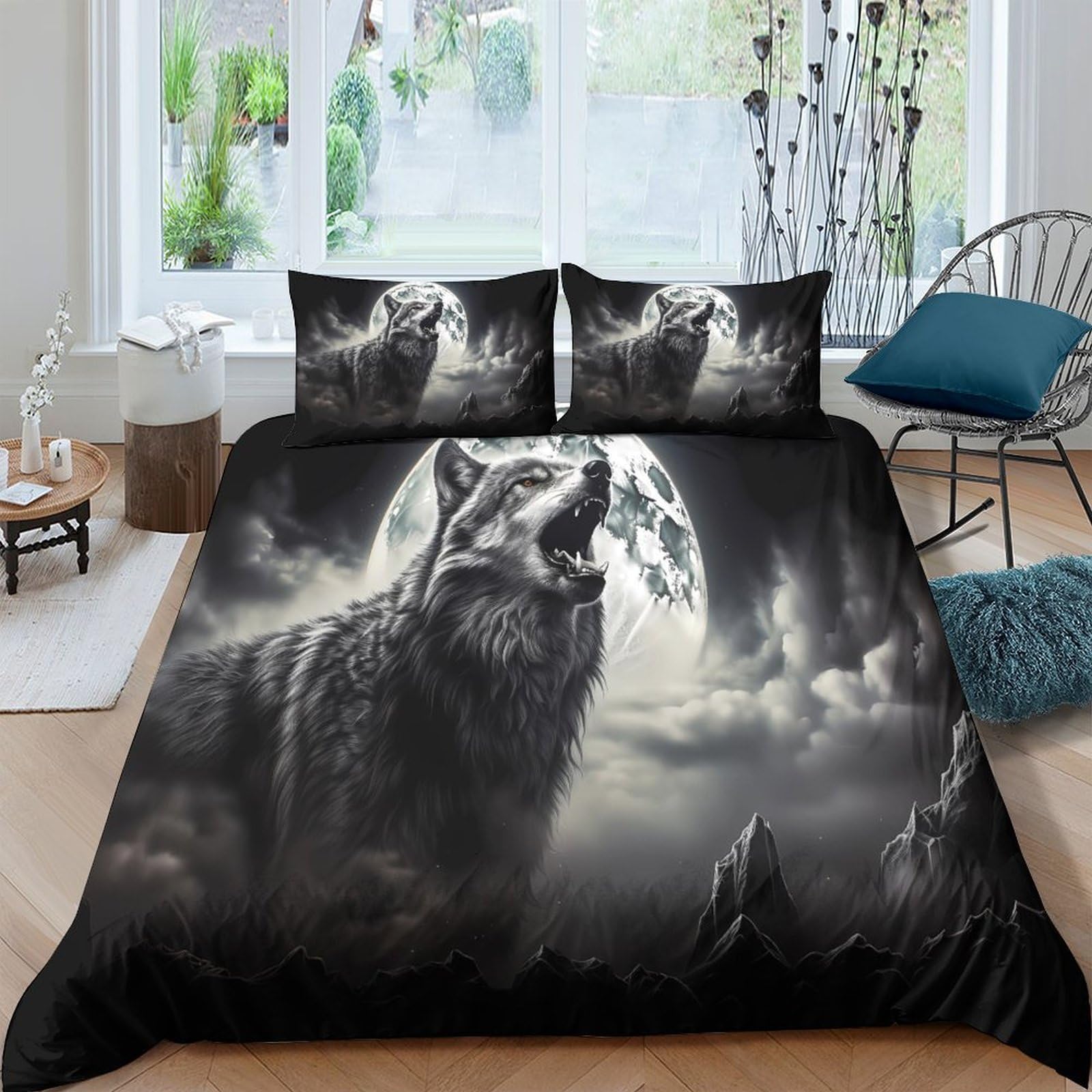 Ctjqhvkz Style-3 3D Printed Wolf Moon Fitted Sheet Microfiber Soft Breathable Forest Bed Cover For Bedroom Guest Room Decor Single（135X200cm）