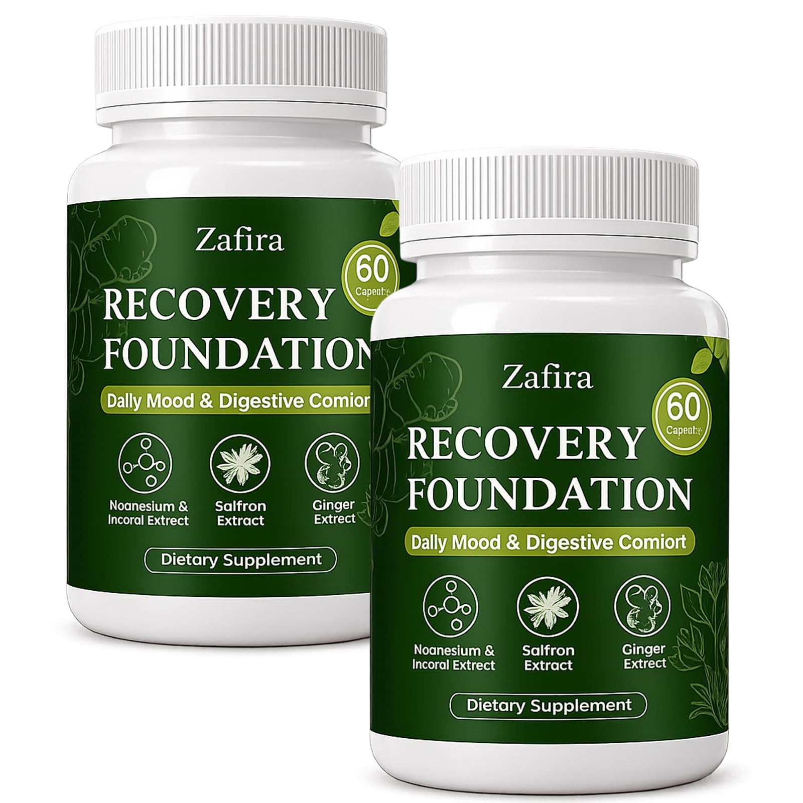 Zafira Recovery Foundation Capsules with Saffron Extract, Myo-Inositol, Magnesium & Ginger Extract for Mood Support, Energy & Focus, Digestive Comfort,120 Capsules