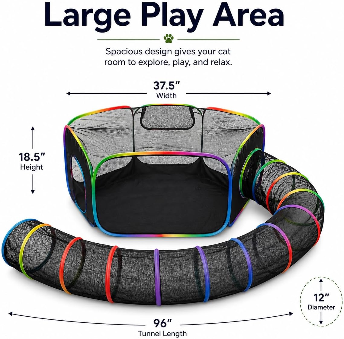 Outdoor Cat Enclosure with Tunnel - Portable Catio Playground & Cat Playpen for Indoor & Outdoor Use - Pop-Up Mesh Tent with Collapsible Travel Bowl