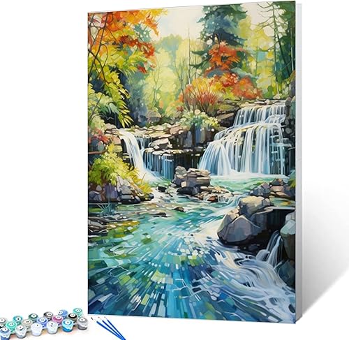 Miniatura 2 de Kits de pintura por números de cascadas de bosque primaveral, lienzo de 16 x 20 pulgadas, pintura al óleo para niños, estudiantes, adultos