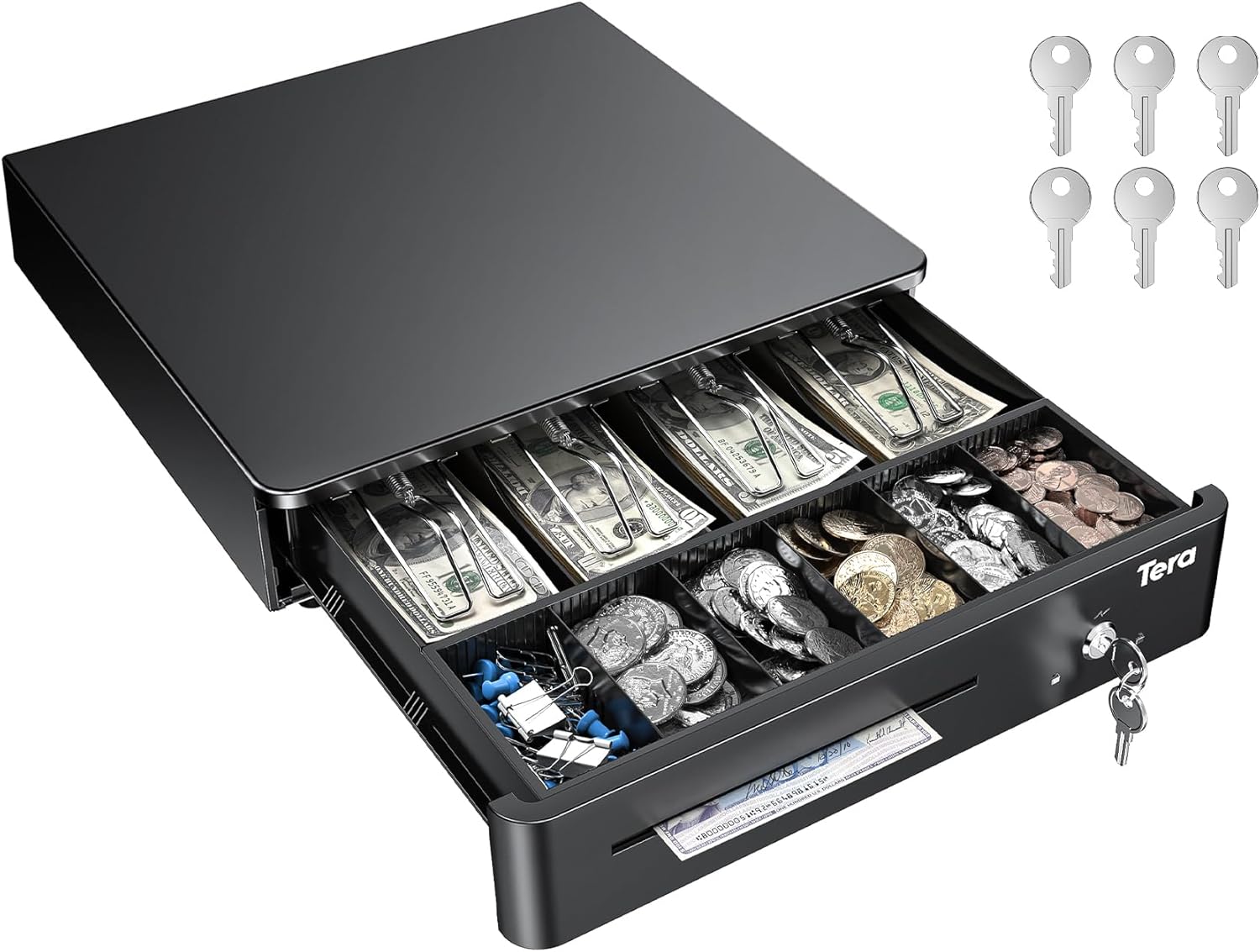 Tera 13" Auto Open Cash Register Drawer Heavy Duty Fully Removable Insert Tray 5 Keys 4 Bill 6 Coin Media Slot 24V RJ12 Key-Lock (Round Corner) for POS System Small Business 330R
