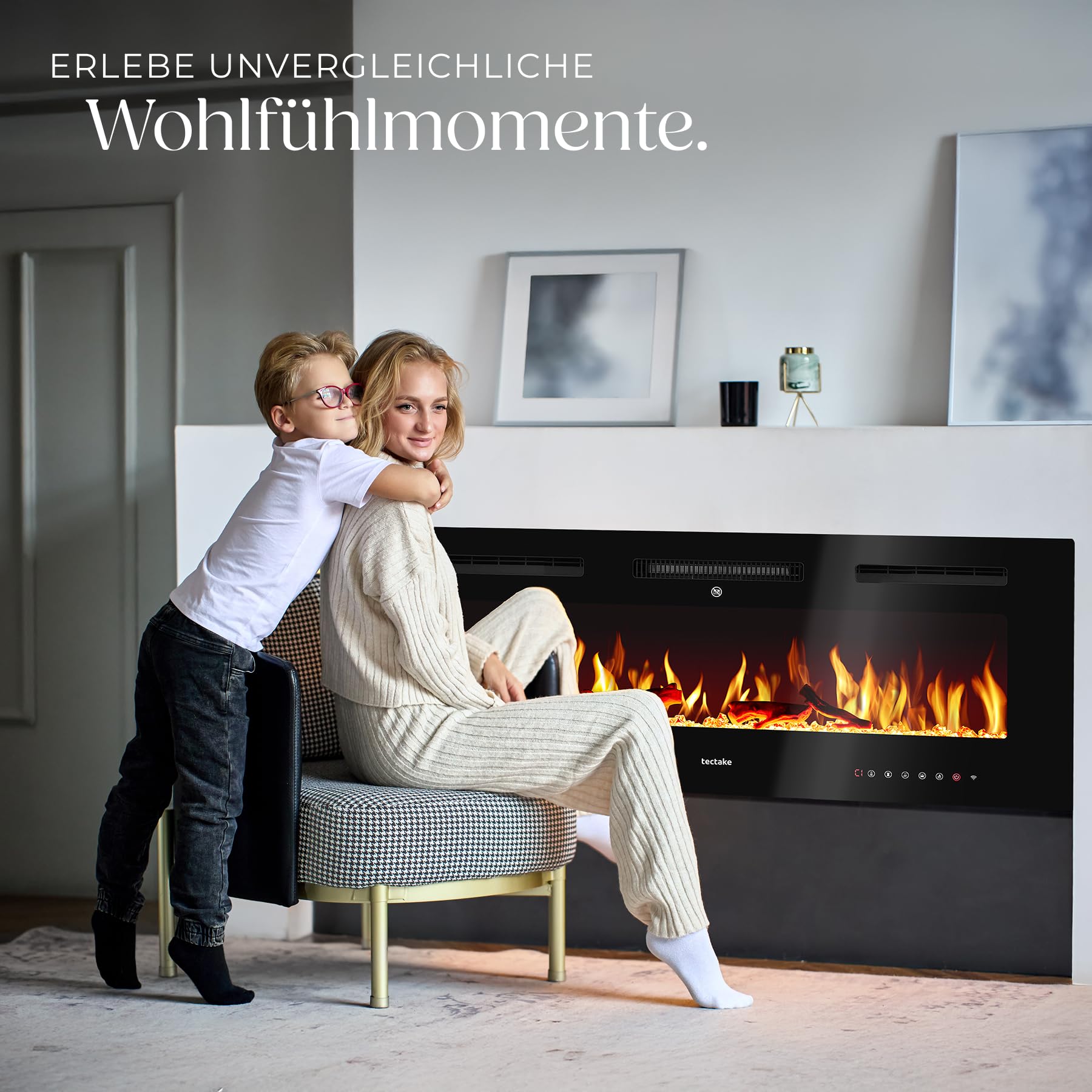 tectake® Elektrokamin Wand, elektrischer Kamin, 2 Heizstufen 900W/1800W, 3D Flammeneffekt, viele Farbeinstellungen, Kamin elektrisch mit Fernbedienung, App Steuerung, Thermostat - 106,5 x 12 x 43 cm