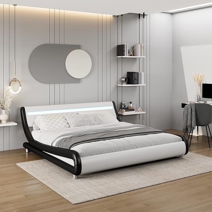 Buy Deluxe Faux Leather Upholstered Platform Bed Frame With LED 
