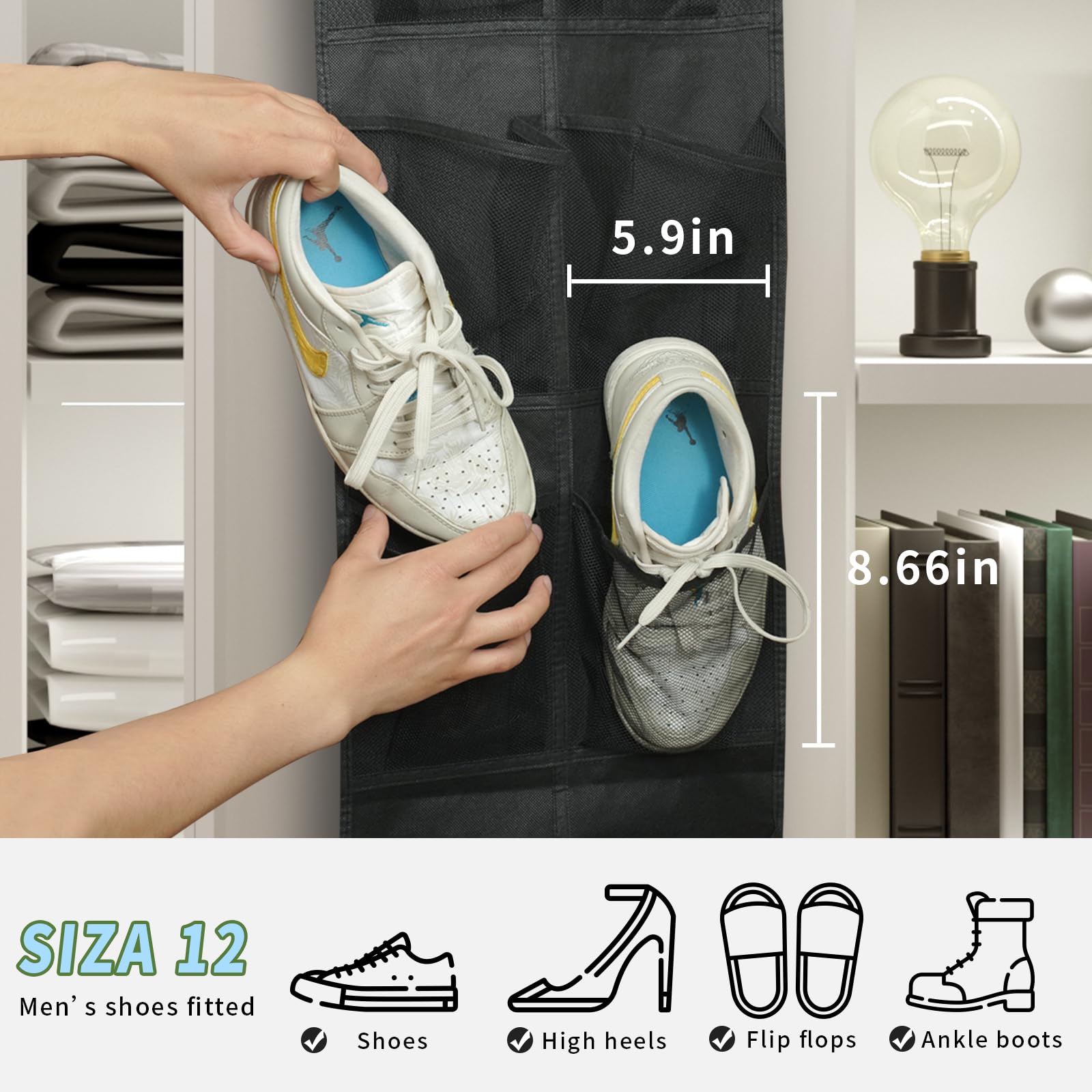 MSLOVE Organizador de zapatos estrecho para colgar sobre la puerta, 12 bolsillos grandes de malla para organizar y almacenar armarios, color negro, paquete de 2