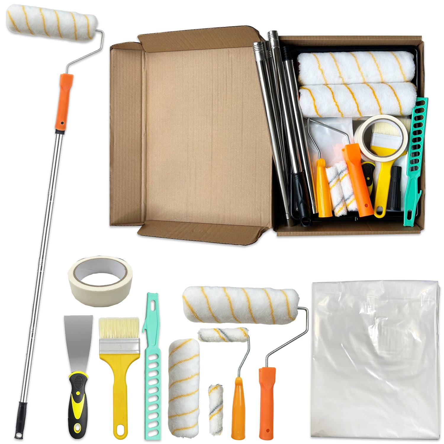 Paint Roller Set - 9 Inch Paint Rollers and Trays Sets - 4 Inch Small Paint Roller with 1.6 m Extension Pole, Brush, Scraper, Dust Sheet, Roller Sets for Painting Walls & Ceilings - Home Painting Kit