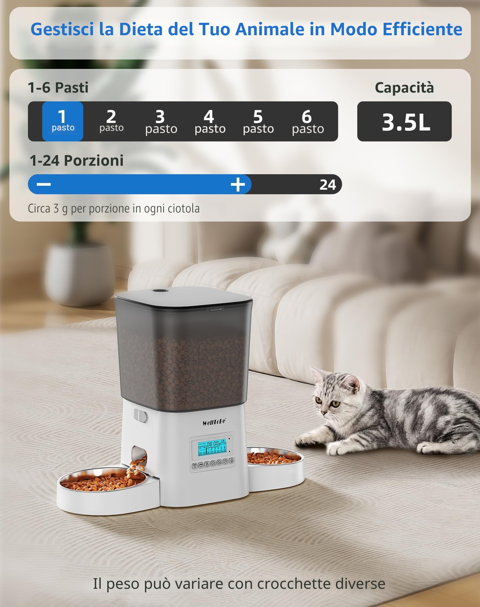 Distributore Automatico Cibo Gatti con 2 Ciotole,3.5L Timer Programmabile Dispenser Crocchette Gatto,1-6 Pasti al Giorno,Audio Personalizzato 10s,Doppia Alimentazione