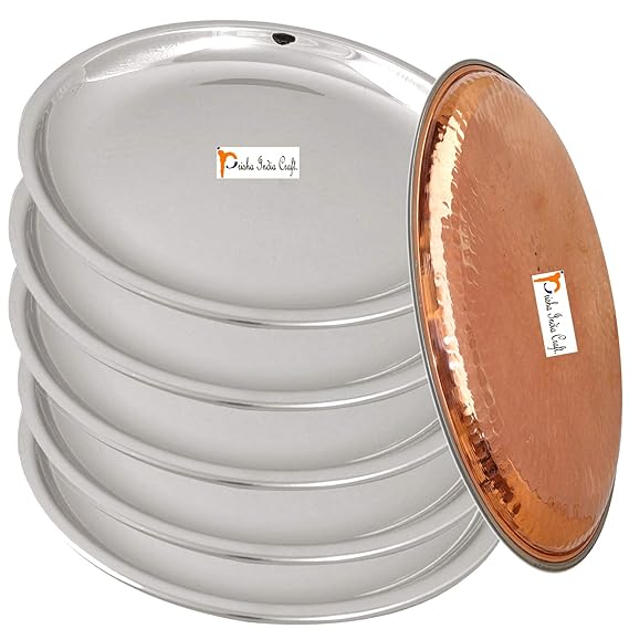 Prisha India Craft Steel Copper Serving Dinner Plate Thali, Serveware & Dinnerware | Diameter 10.50 INCH | Set of 6
