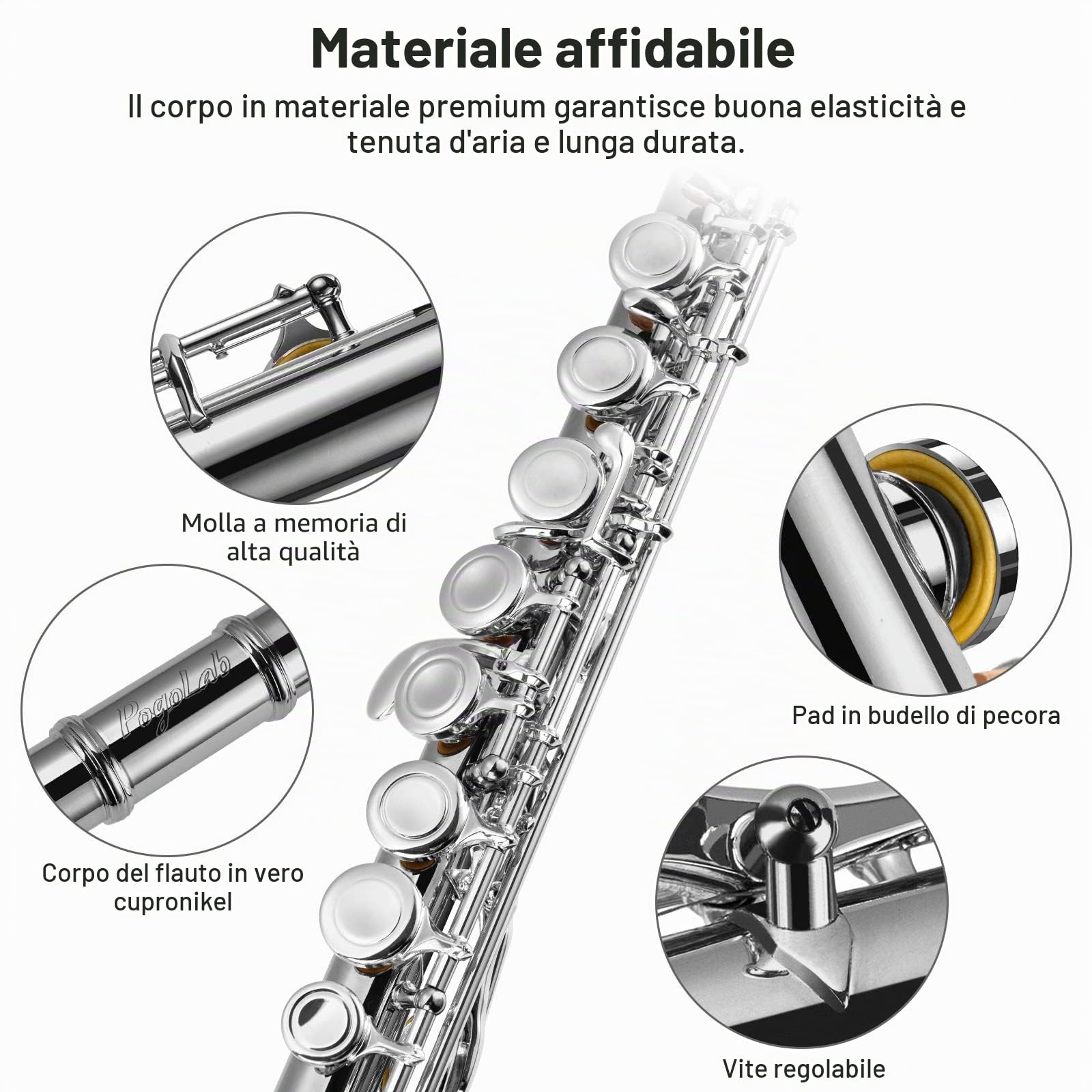 POGOLAB Flauti, Foro Chiuso C 16 Tasti, Flauto per Studenti Principianti Avanzati, con Kit di Pulizia per Flauto, Borsa per il Trasporto, Supporto, Cinghia, Asta Sonda, Guanti, Grasso, Placcato Nickel